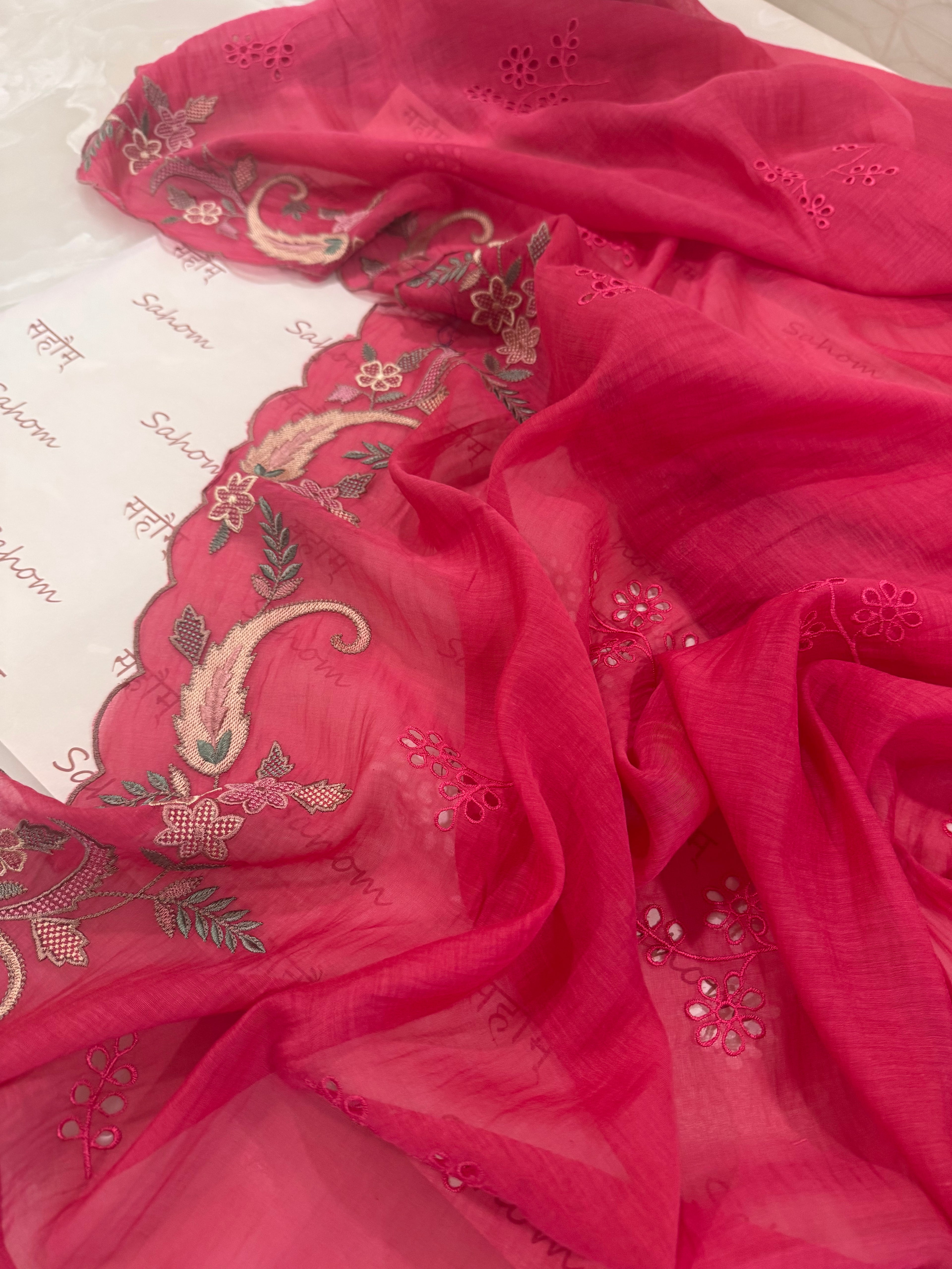 Pure Mul Chanderi Multicolour Embroidered Semi-Stitched Kurta Dupatta Set