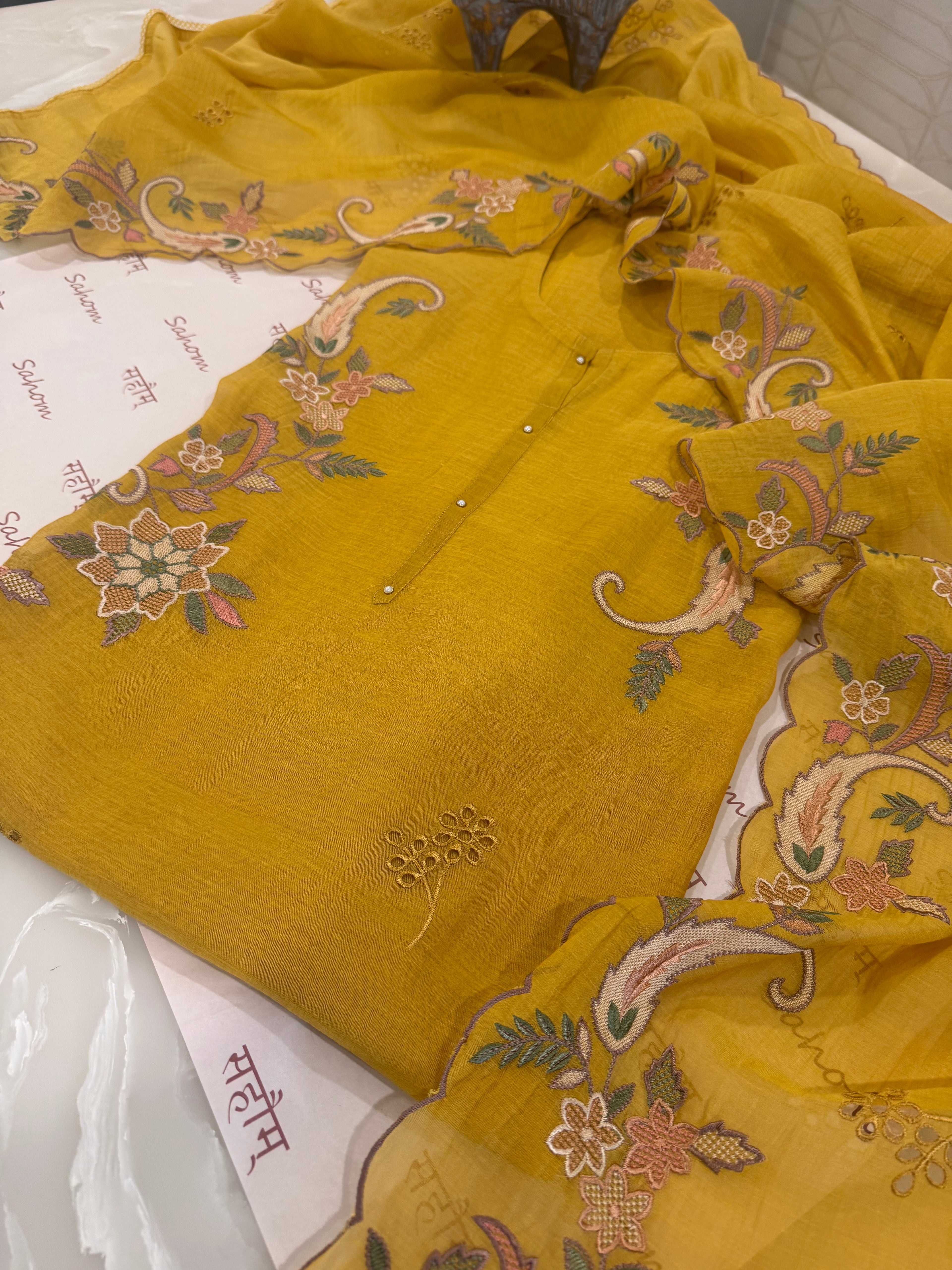 Pure Mul Chanderi Multicolour Embroidered Semi-Stitched Kurta Dupatta Set