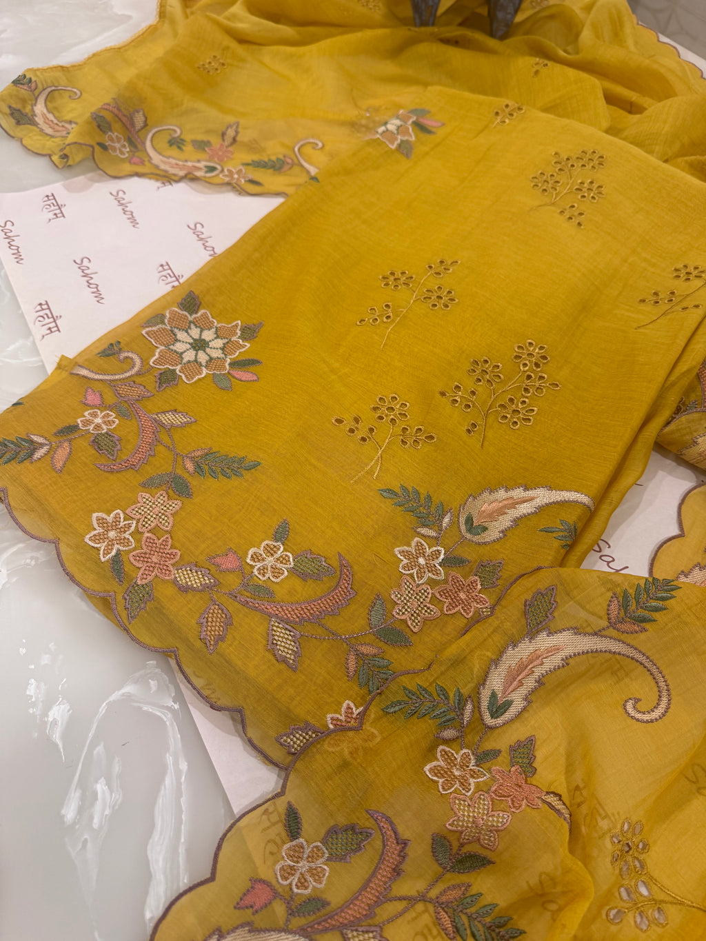 Pure Mul Chanderi Multicolour Embroidered Semi-Stitched Kurta Dupatta Set