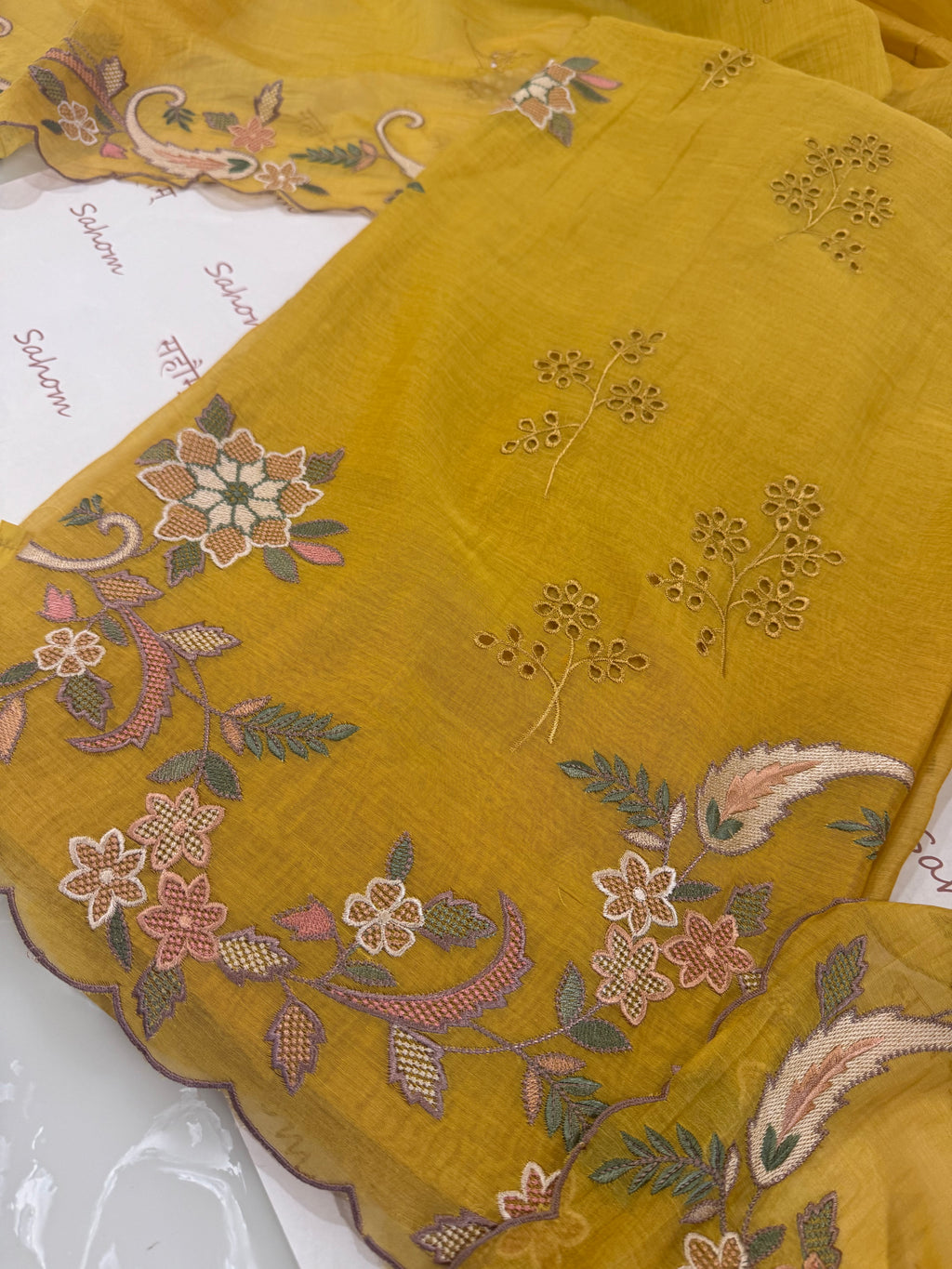 Pure Mul Chanderi Multicolour Embroidered Semi-Stitched Kurta Dupatta Set