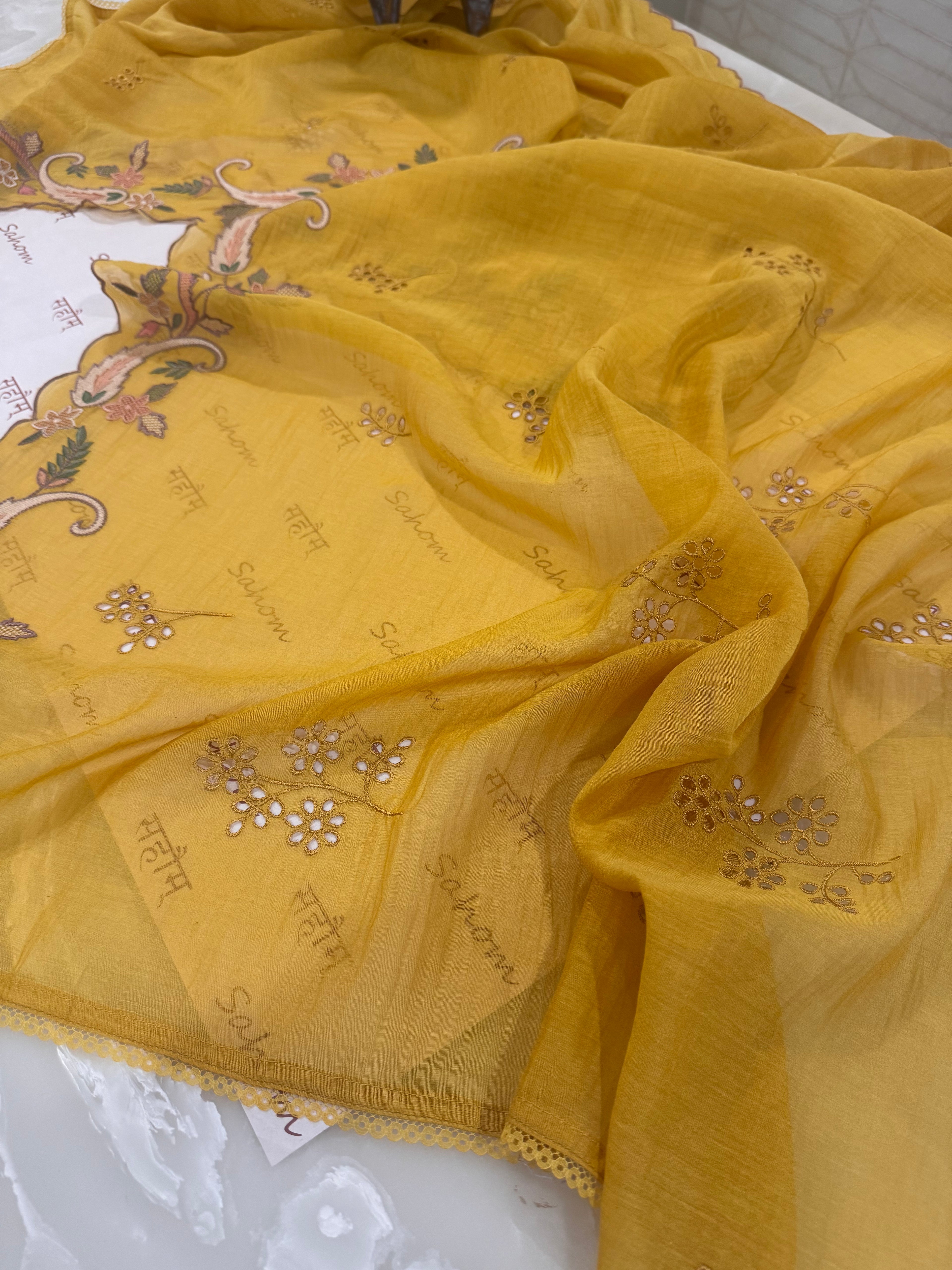 Pure Mul Chanderi Multicolour Embroidered Semi-Stitched Kurta Dupatta Set