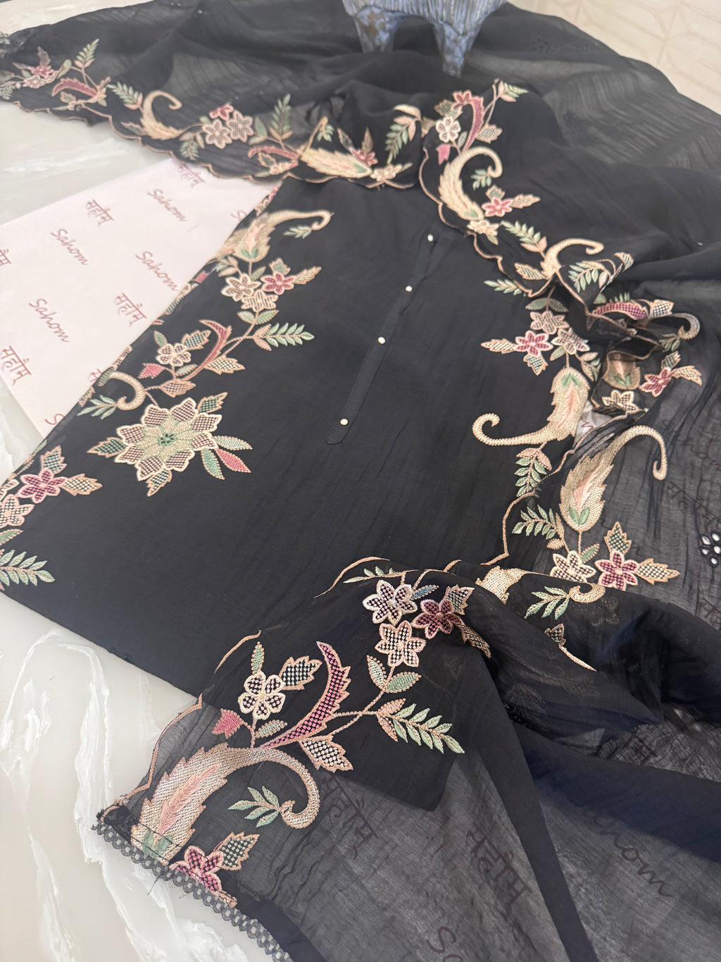 Pure Mul Chanderi Multicolour Embroidered Semi-Stitched Kurta Dupatta Set