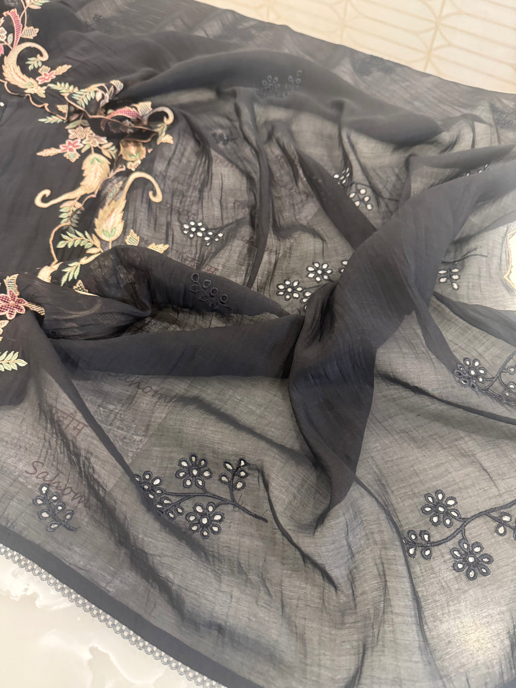 Pure Mul Chanderi Multicolour Embroidered Semi-Stitched Kurta Dupatta Set
