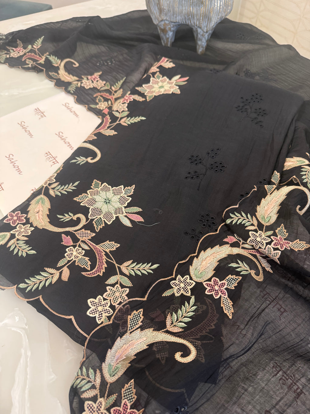 Pure Mul Chanderi Multicolour Embroidered Semi-Stitched Kurta Dupatta Set