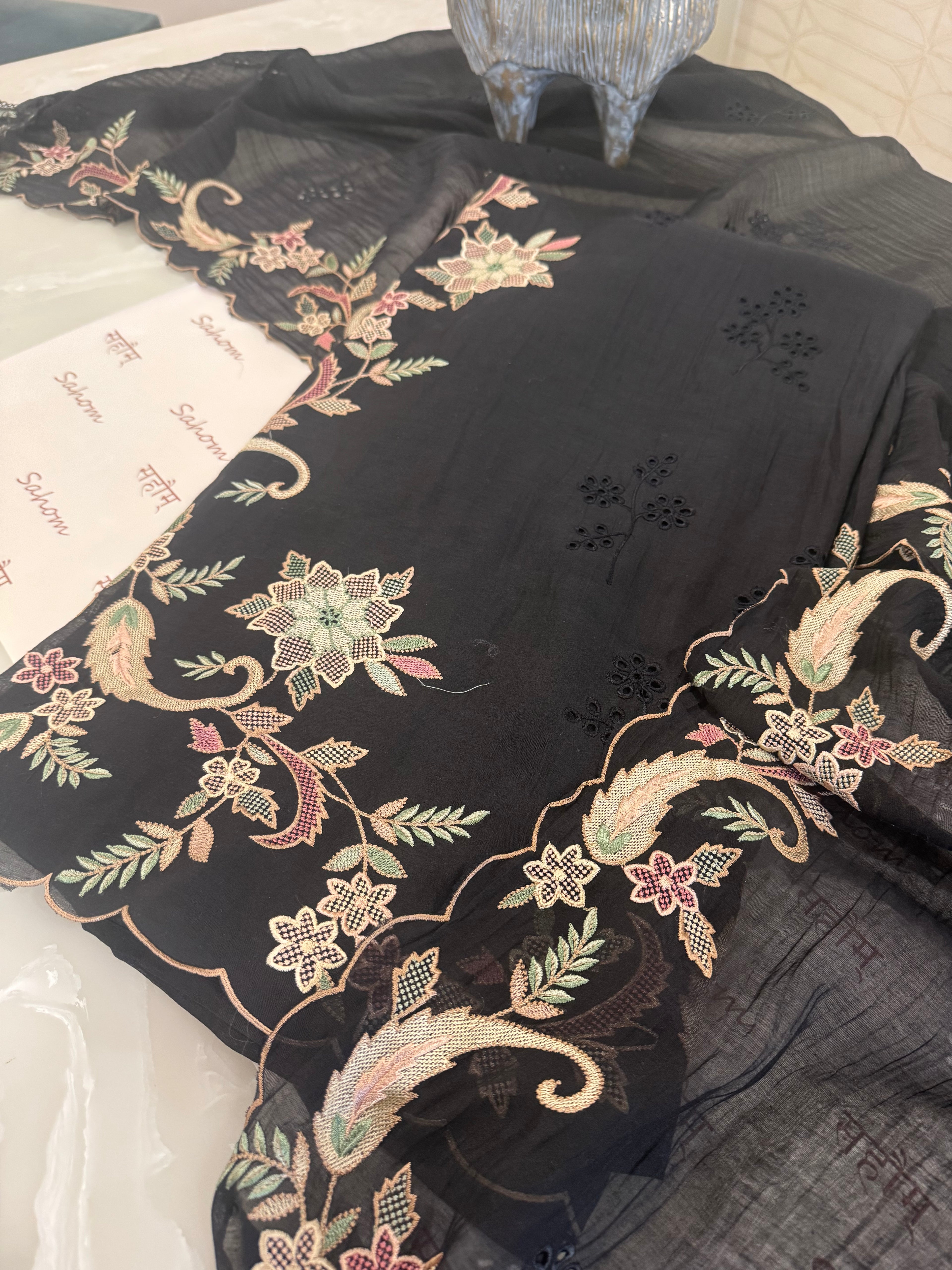 Pure Mul Chanderi Multicolour Embroidered Semi-Stitched Kurta Dupatta Set