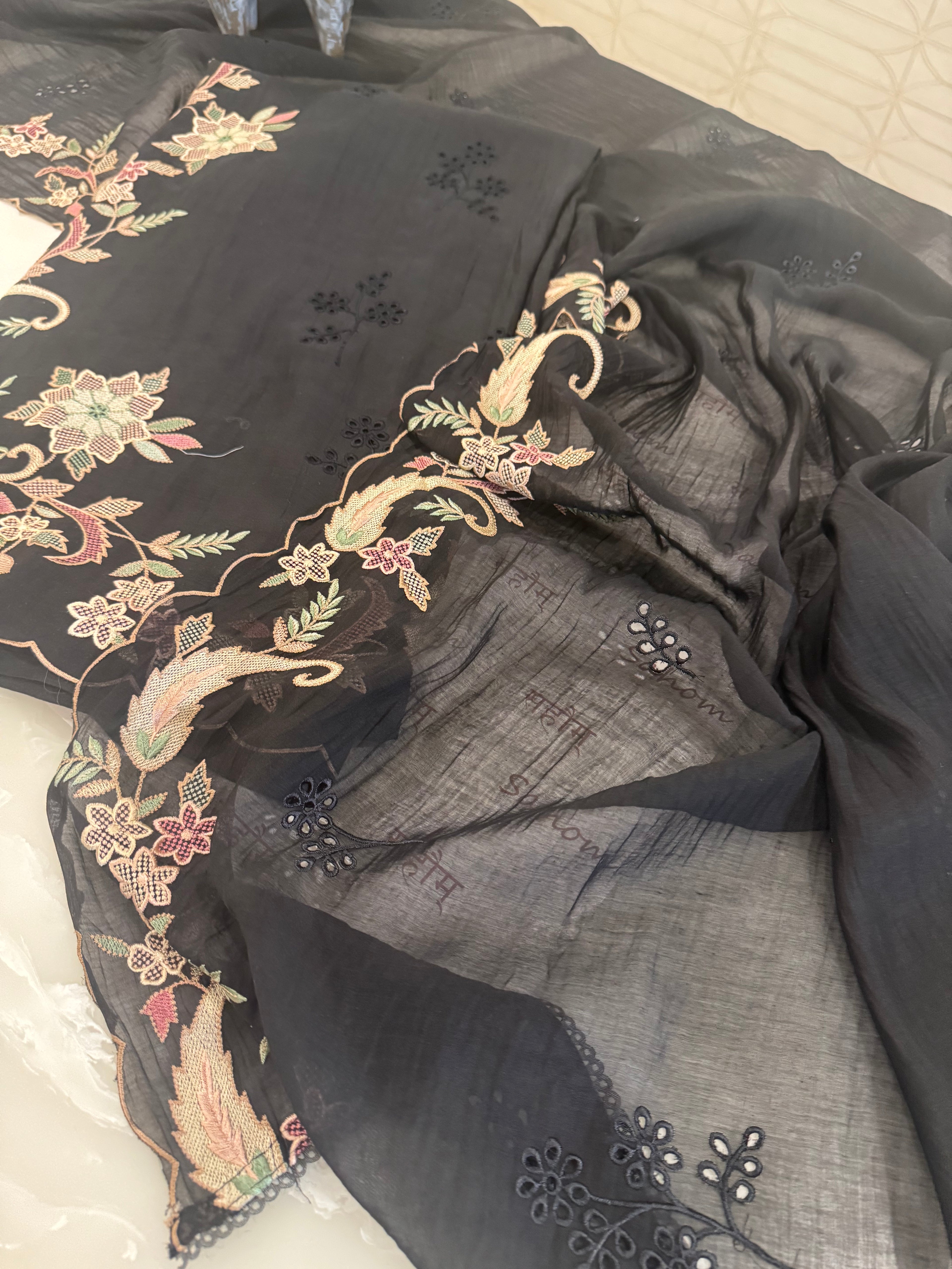 Pure Mul Chanderi Multicolour Embroidered Semi-Stitched Kurta Dupatta Set