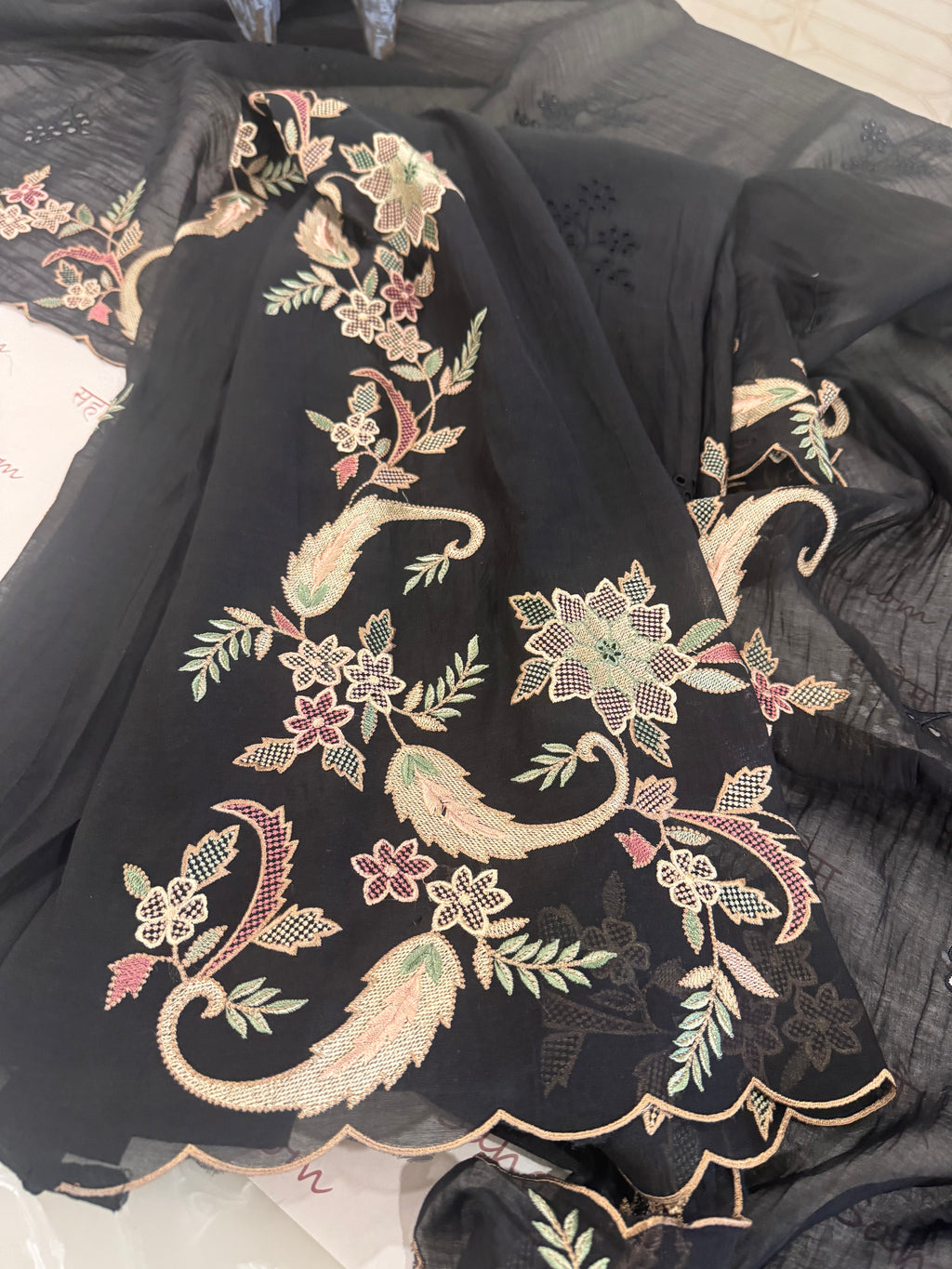 Pure Mul Chanderi Multicolour Embroidered Semi-Stitched Kurta Dupatta Set