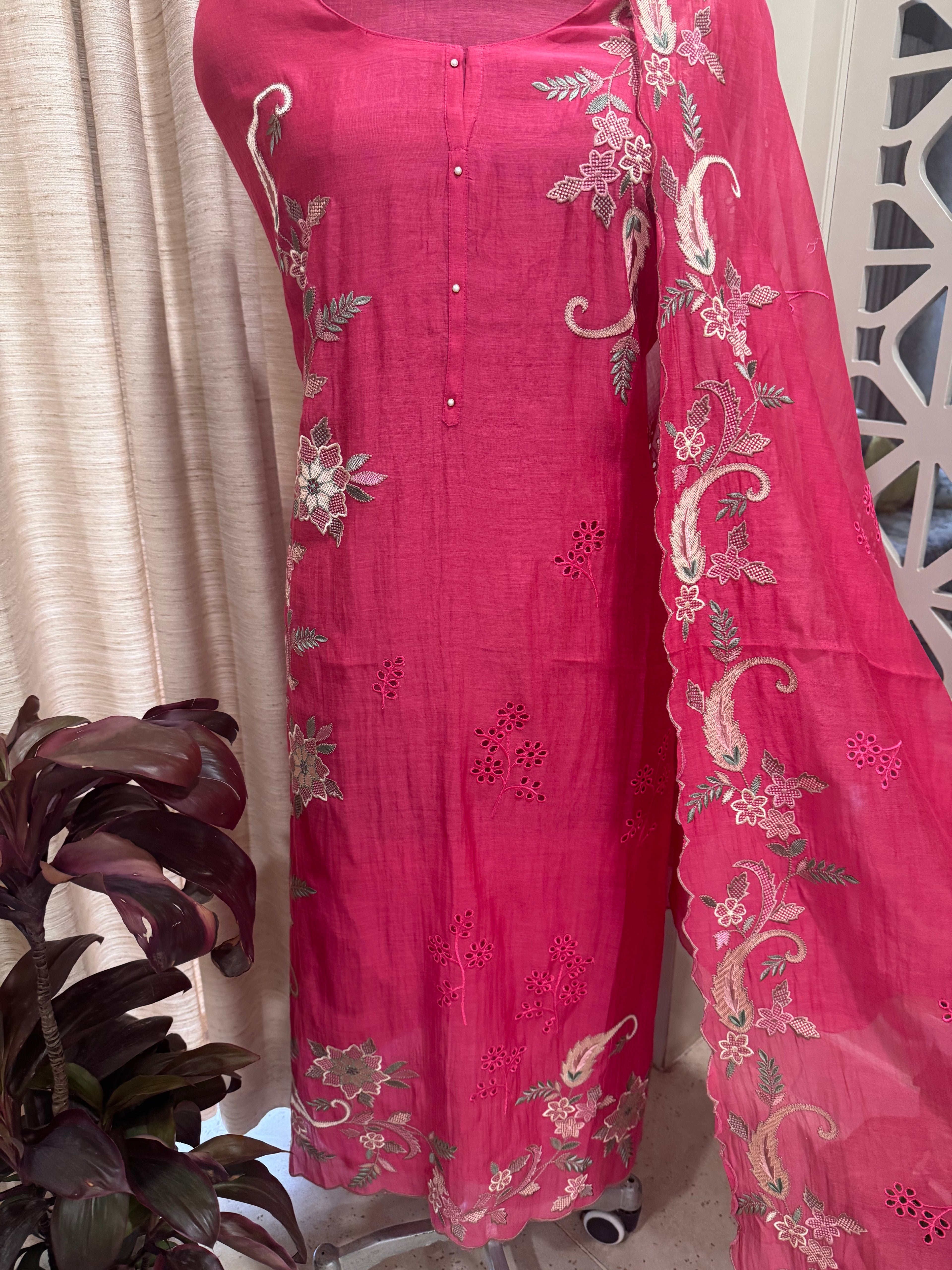 Pure Mul Chanderi Multicolour Embroidered Semi-Stitched Kurta Dupatta Set