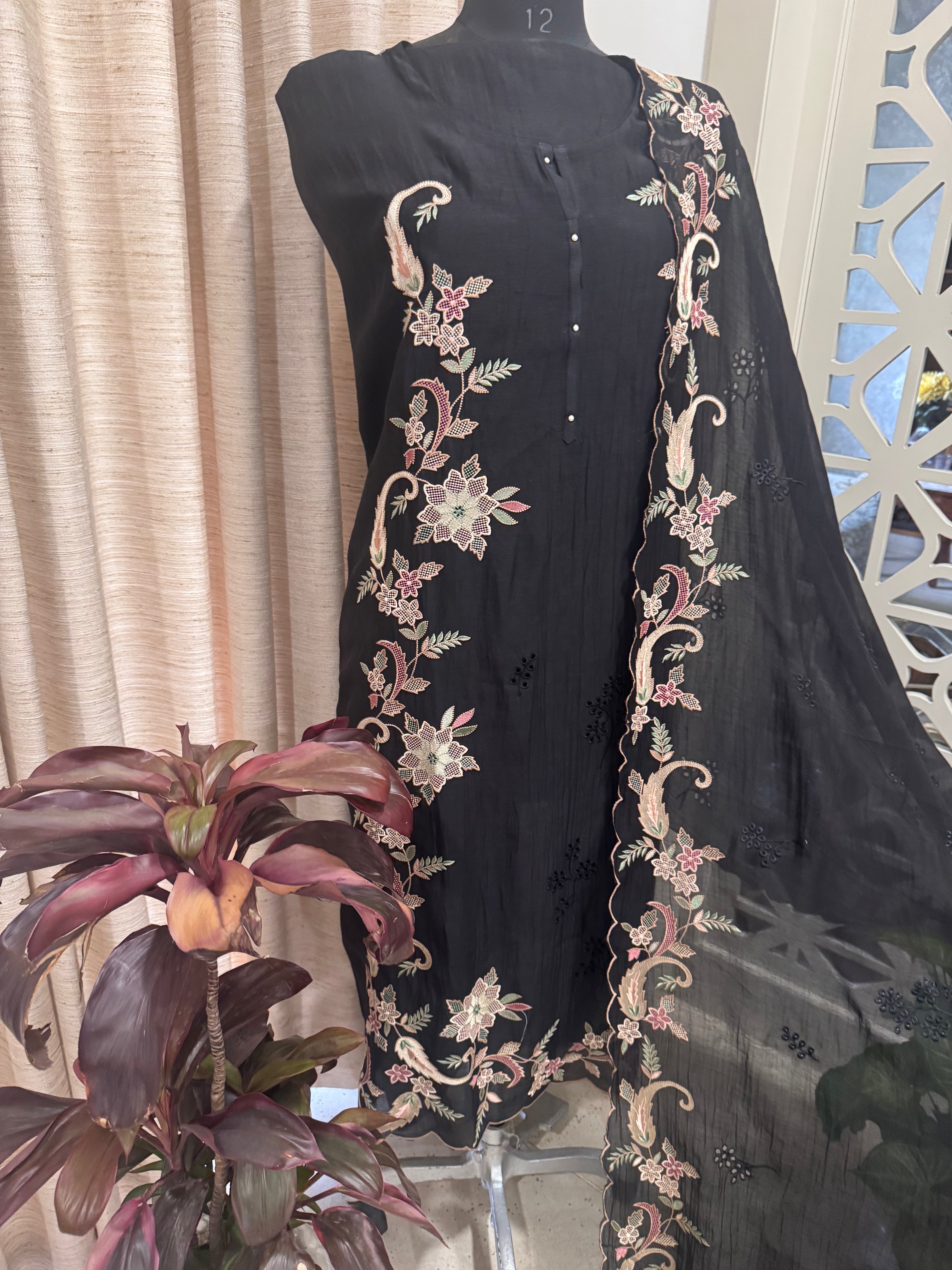 Pure Mul Chanderi Multicolour Embroidered Semi-Stitched Kurta Dupatta Set