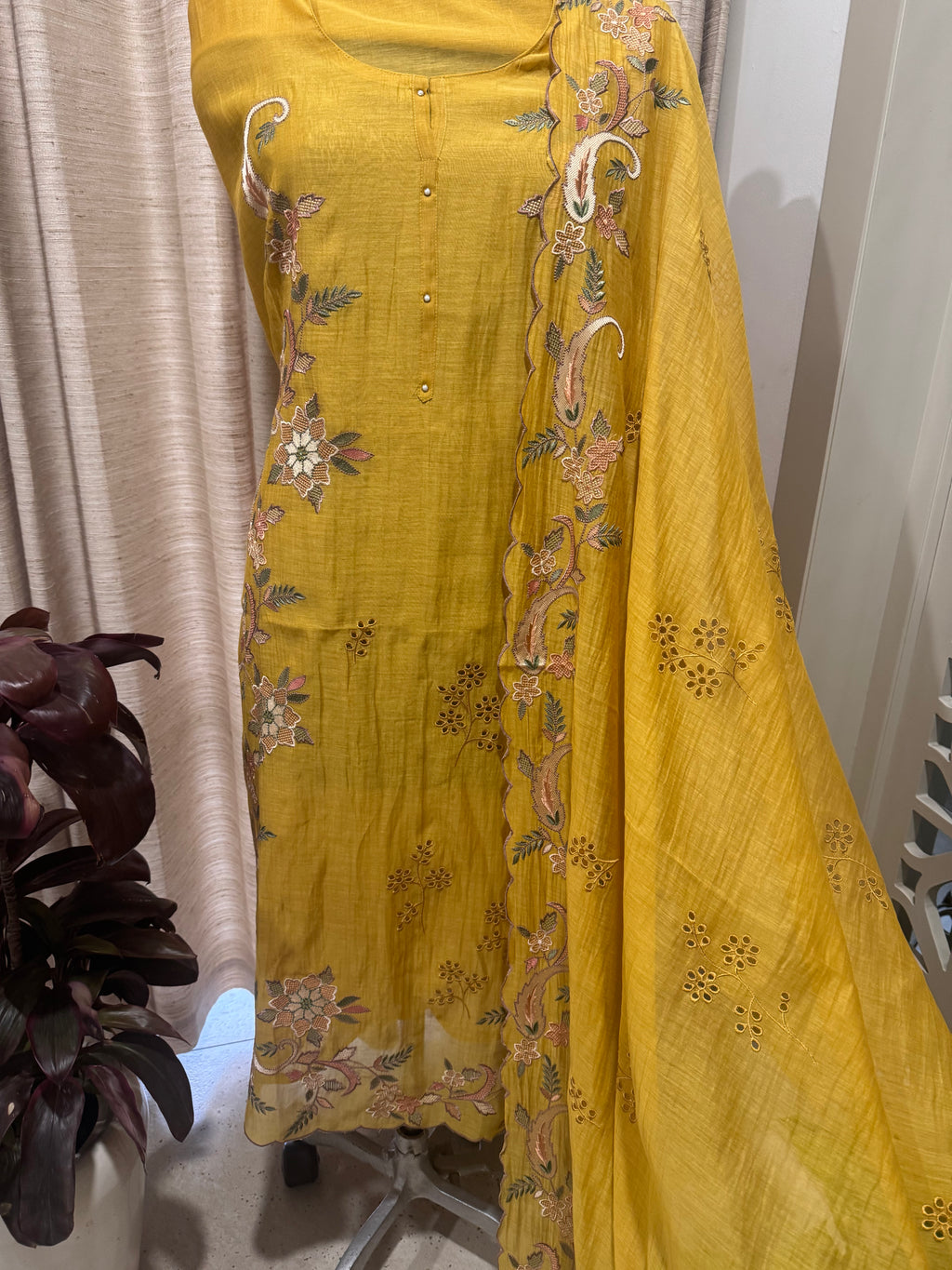 Pure Mul Chanderi Multicolour Embroidered Semi-Stitched Kurta Dupatta Set