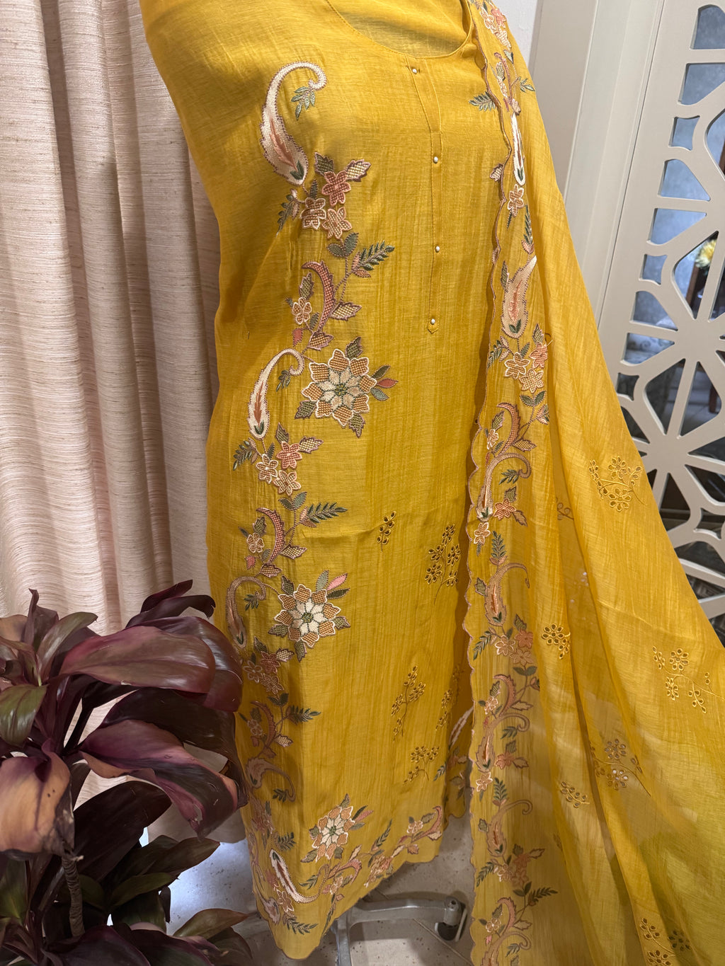 Pure Mul Chanderi Multicolour Embroidered Semi-Stitched Kurta Dupatta Set