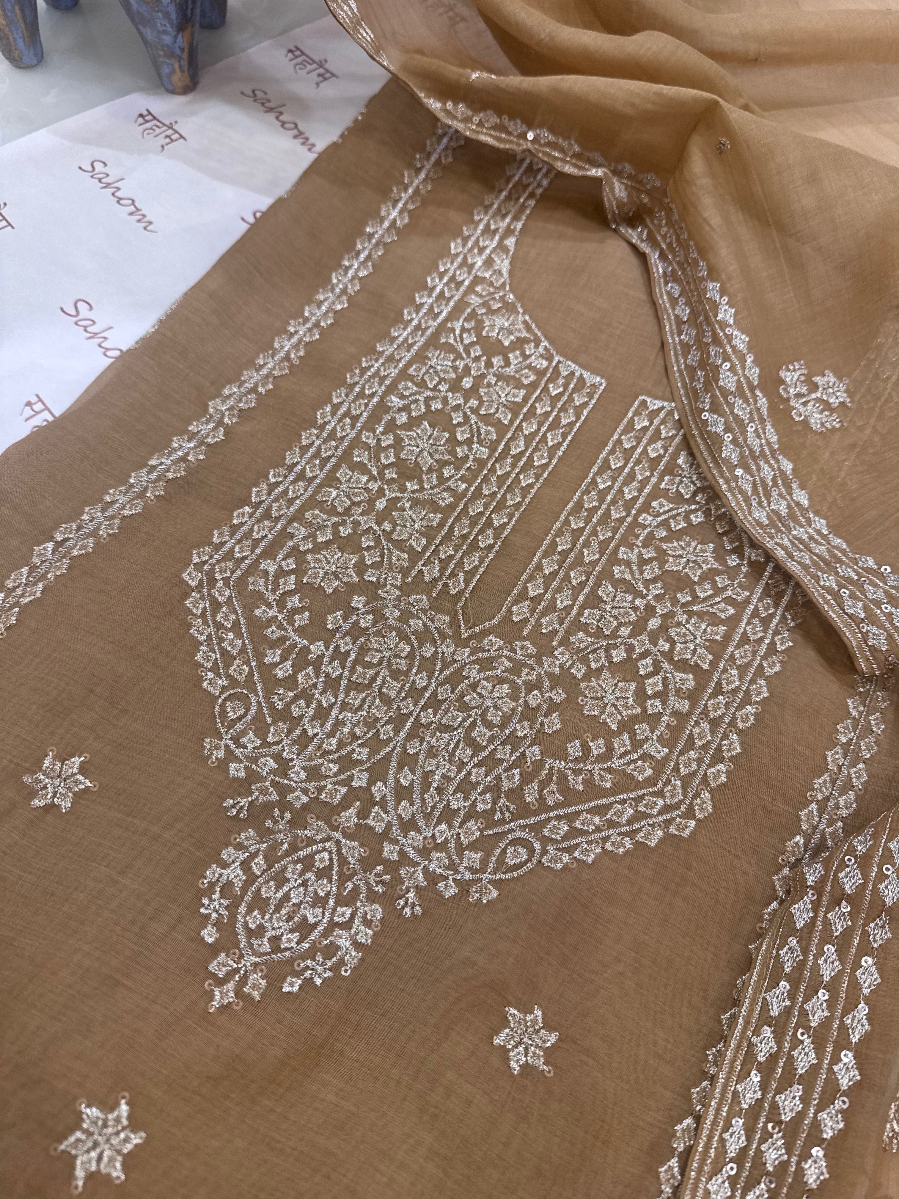 Pure Mul Chanderi Aari & Tilla Work Kurta Dupatta Set