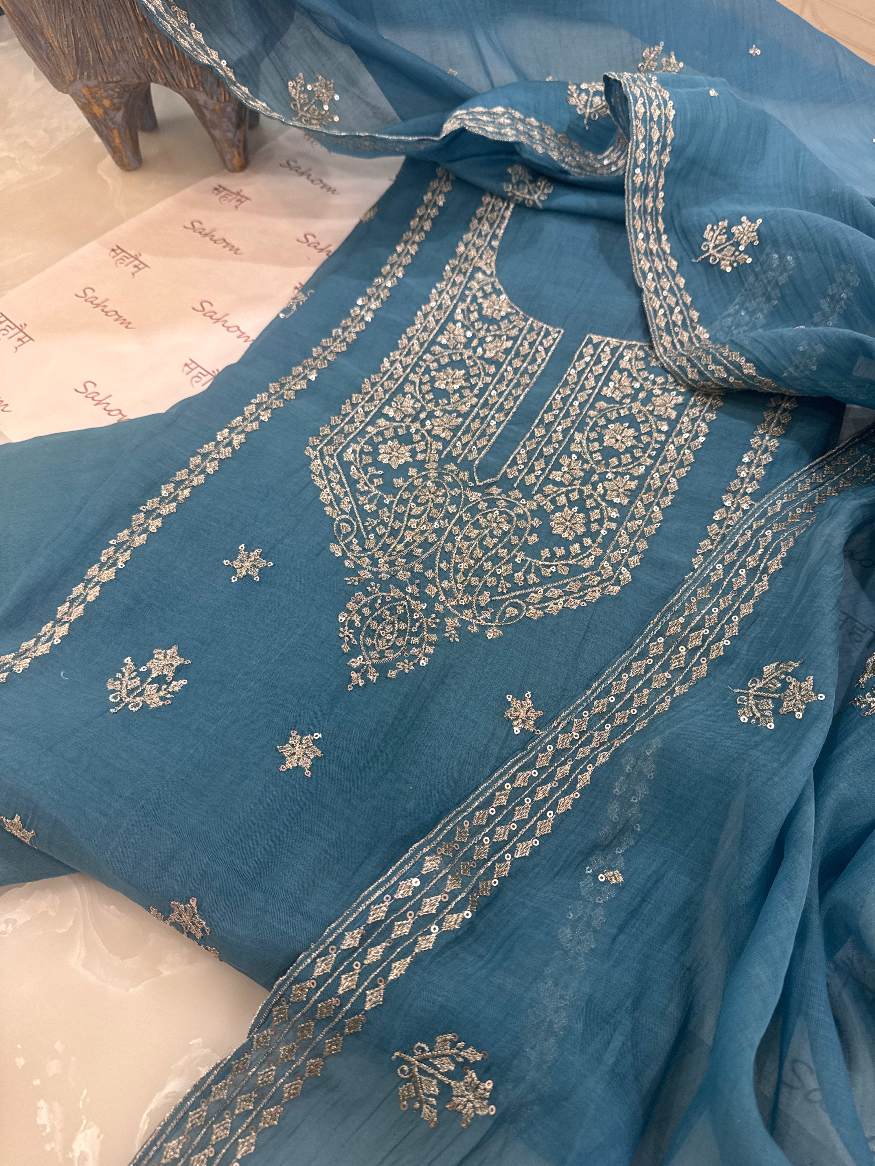 Pure Mul Chanderi Aari & Tilla Work Kurta Dupatta Set