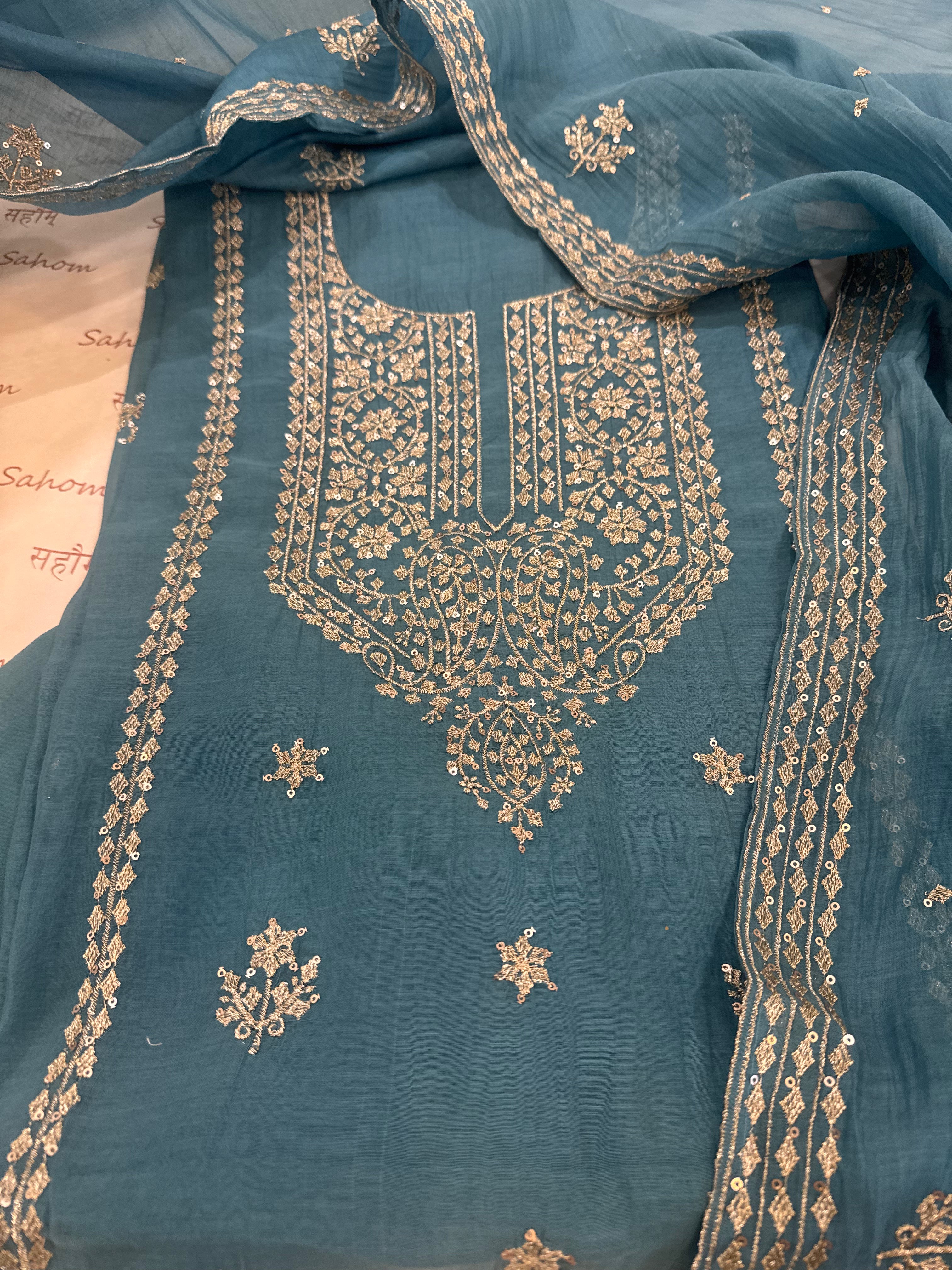 Pure Mul Chanderi Aari & Tilla Work Kurta Dupatta Set