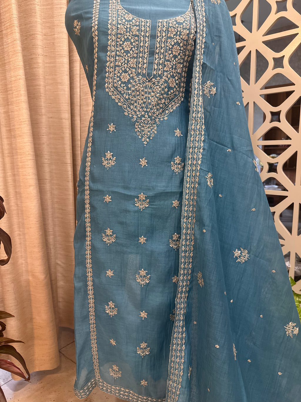 Pure Mul Chanderi Aari & Tilla Work Kurta Dupatta Set