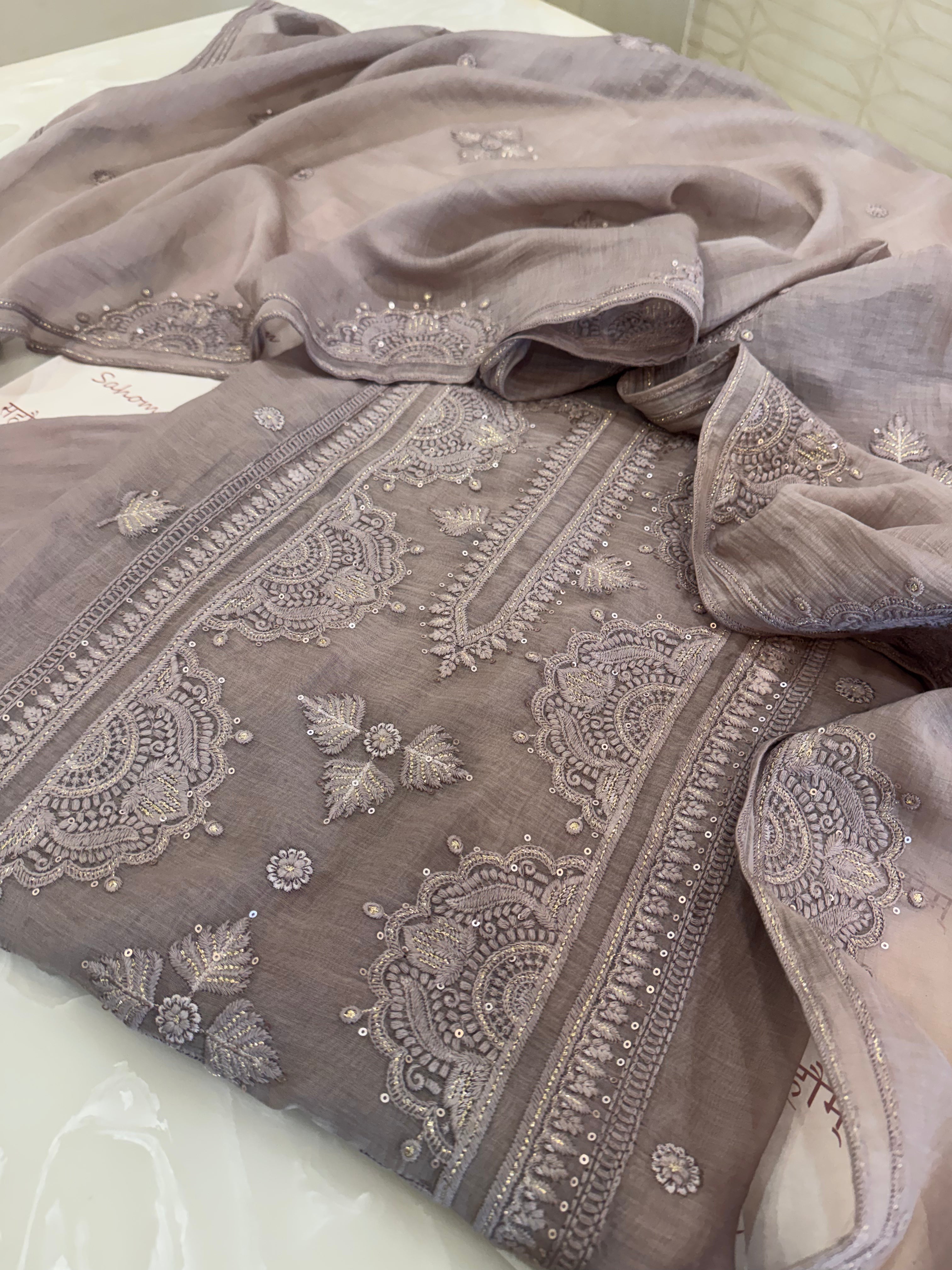 Pure Mul Chanderi Self Embroidered Kurta Dupatta Set