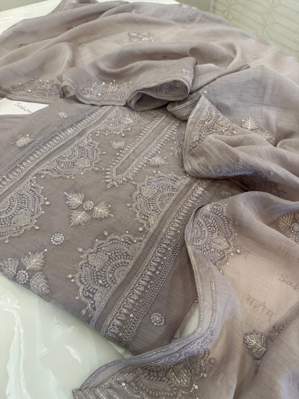 Pure Mul Chanderi Self Embroidered Kurta Dupatta Set