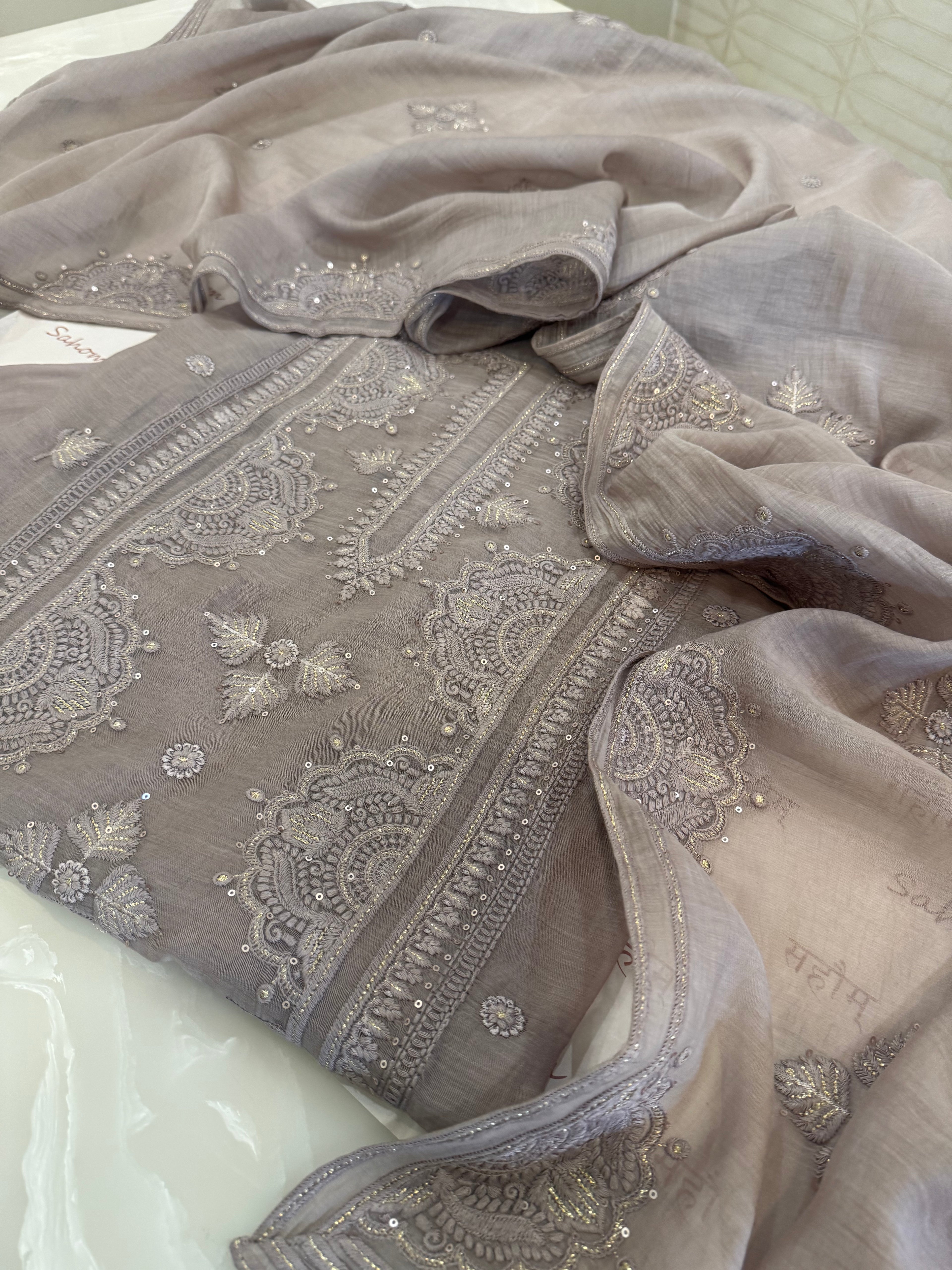 Pure Mul Chanderi Self Embroidered Kurta Dupatta Set