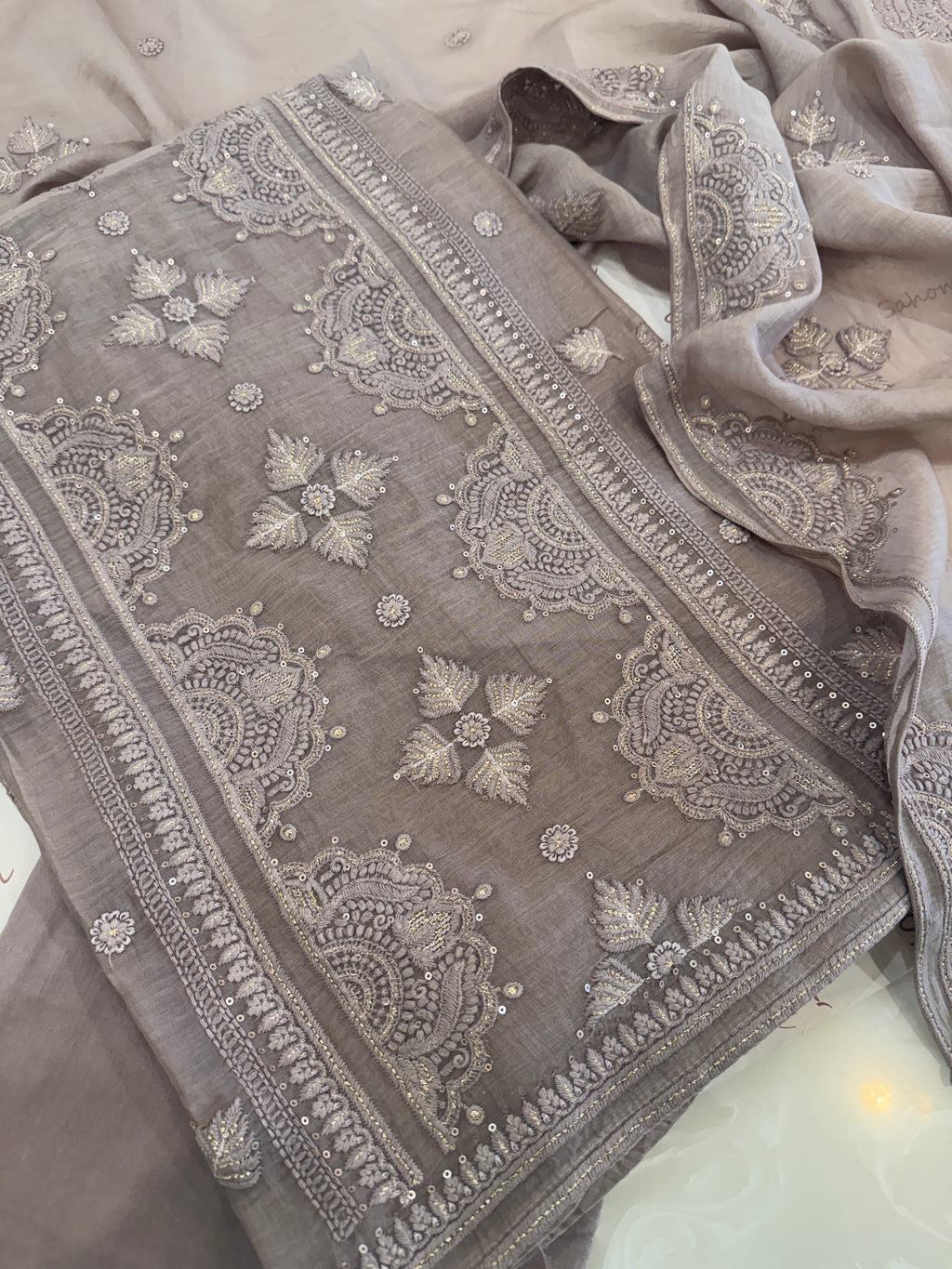 Pure Mul Chanderi Self Embroidered Kurta Dupatta Set