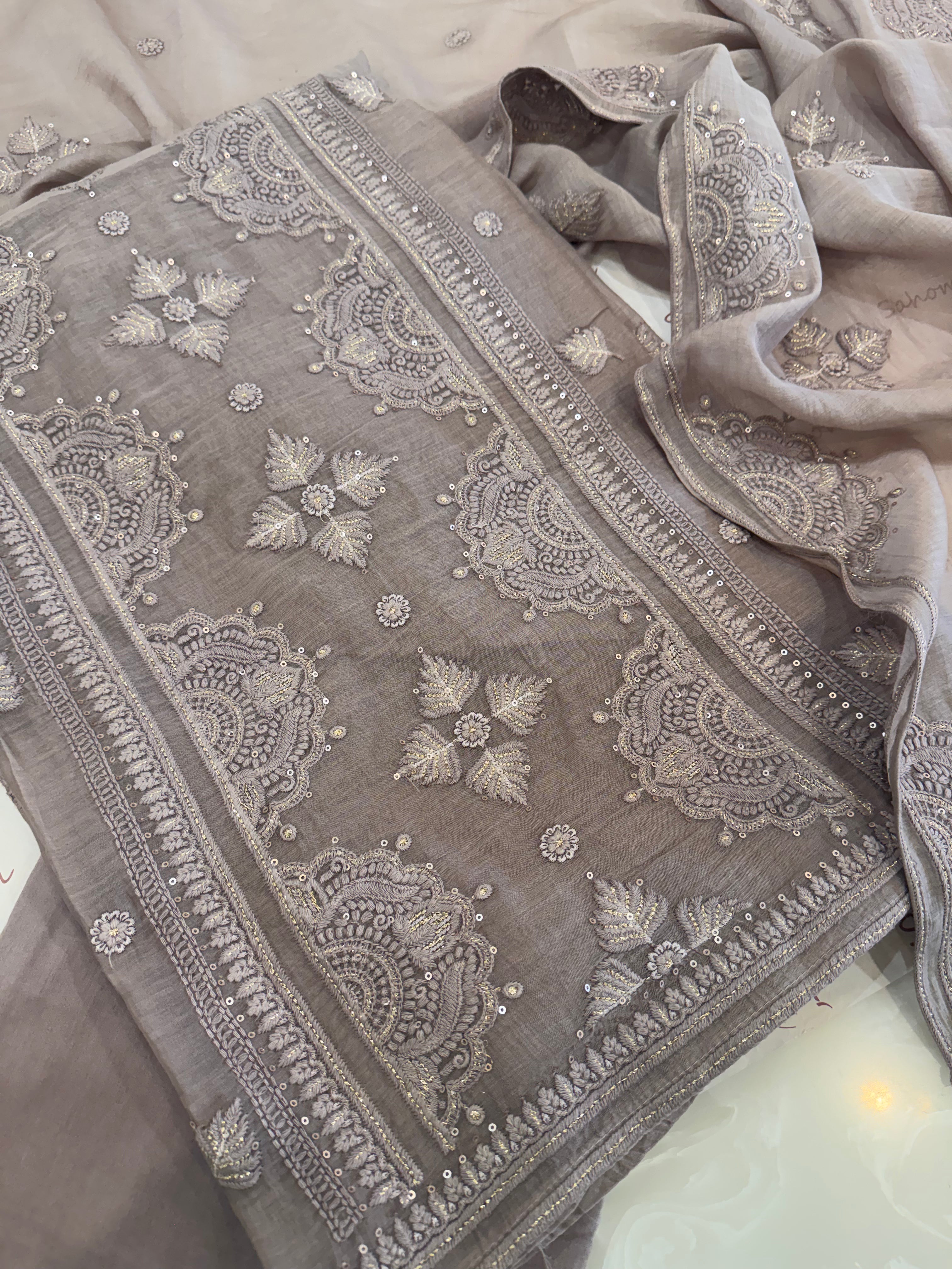 Pure Mul Chanderi Self Embroidered Kurta Dupatta Set