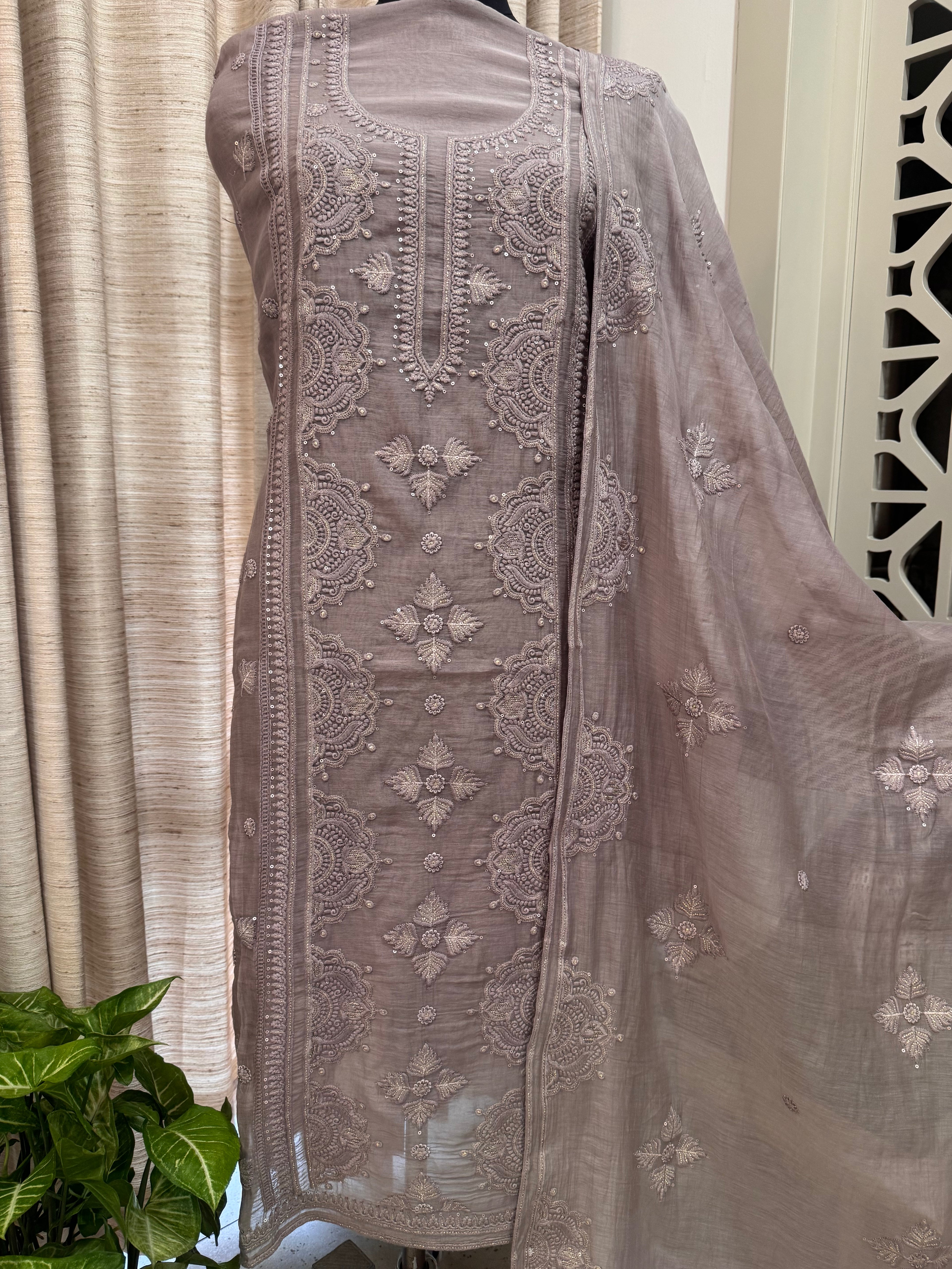 Pure Mul Chanderi Self Embroidered Kurta Dupatta Set