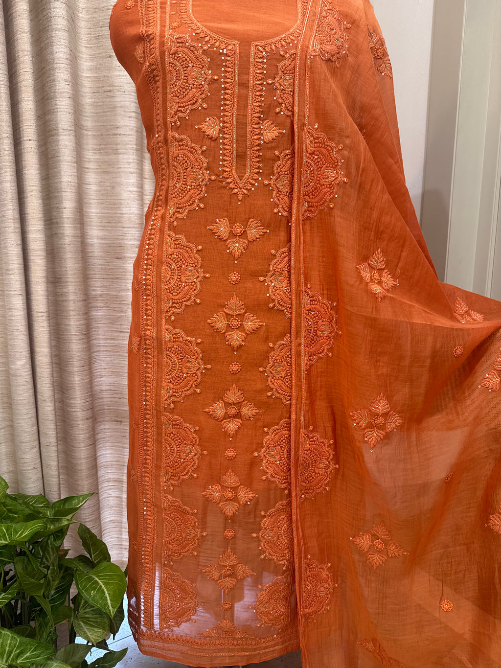 Pure Mul Chanderi Self Embroidered Kurta Dupatta Set