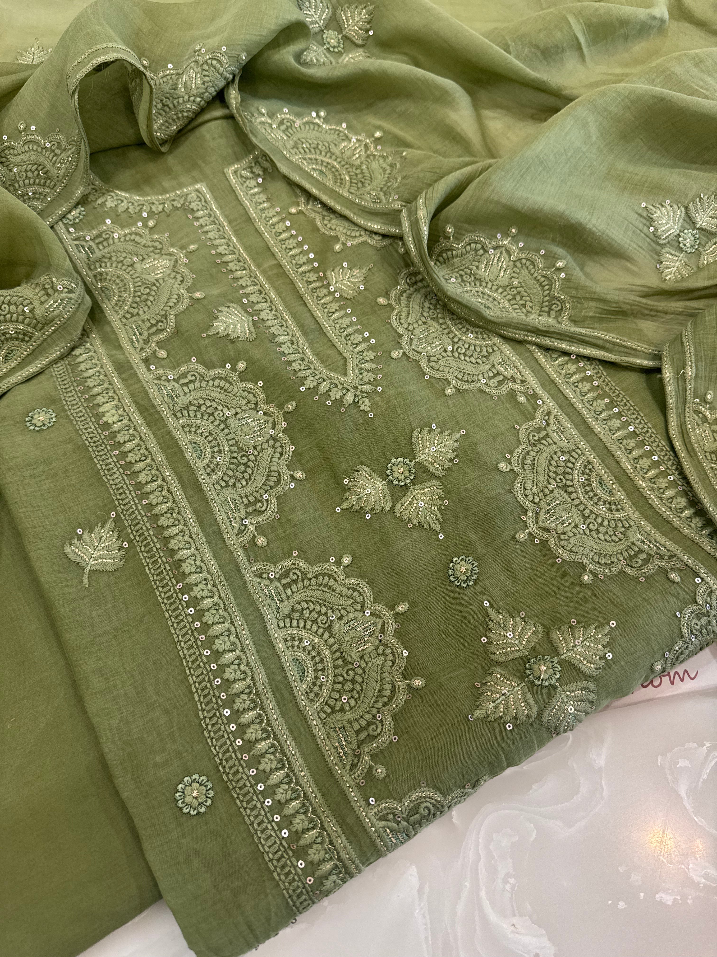 Pure Mul Chanderi Self Embroidered Kurta Dupatta Set