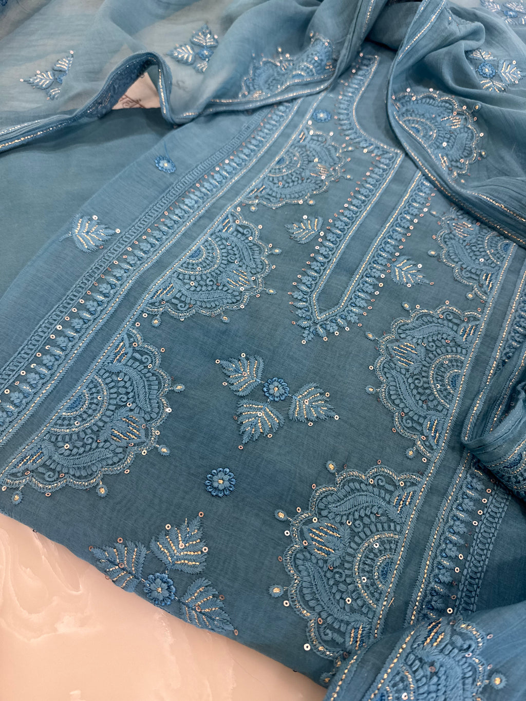 Pure Mul Chanderi Self Embroidered Kurta Dupatta Set