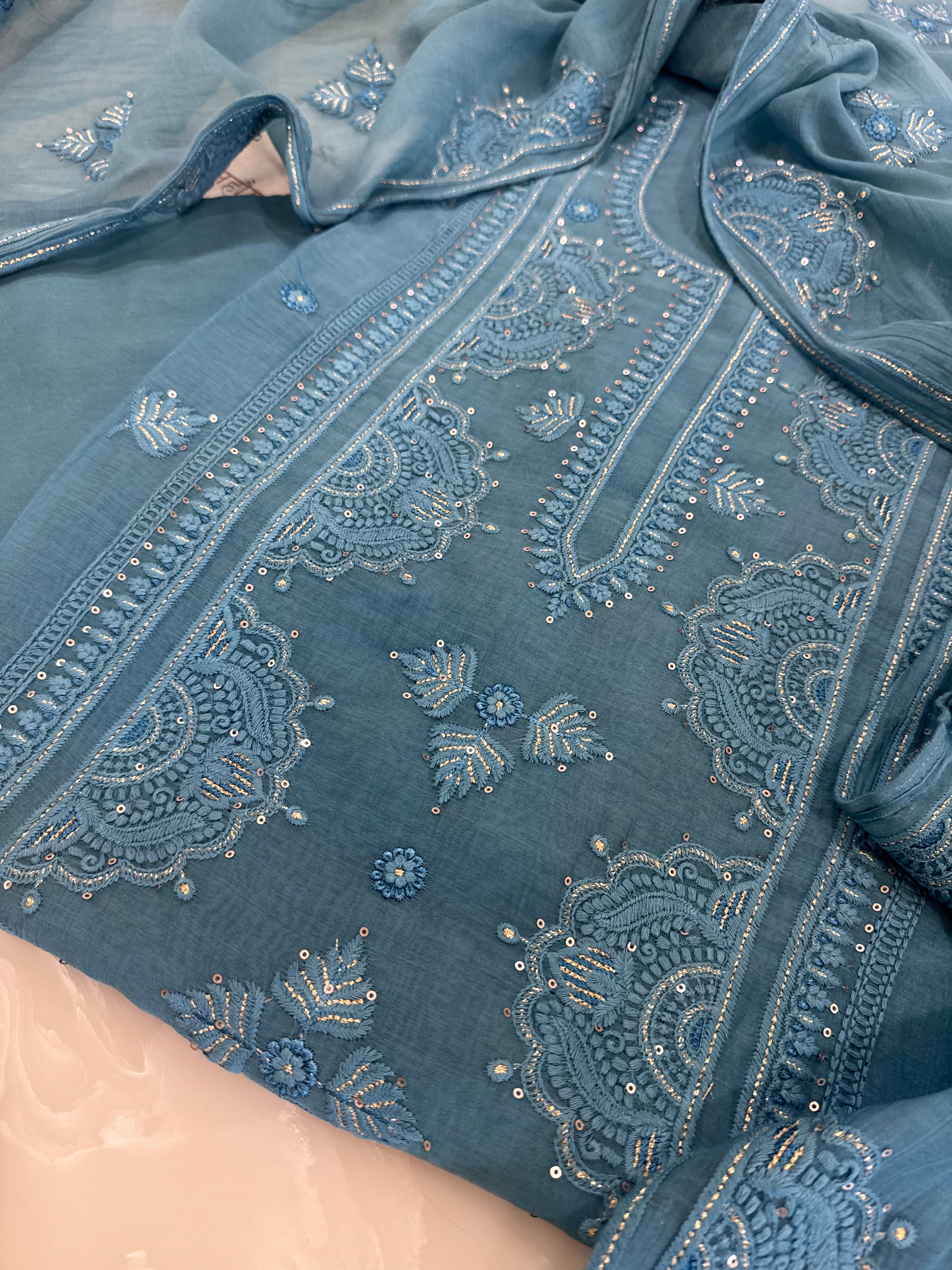 Pure Mul Chanderi Self Embroidered Kurta Dupatta Set