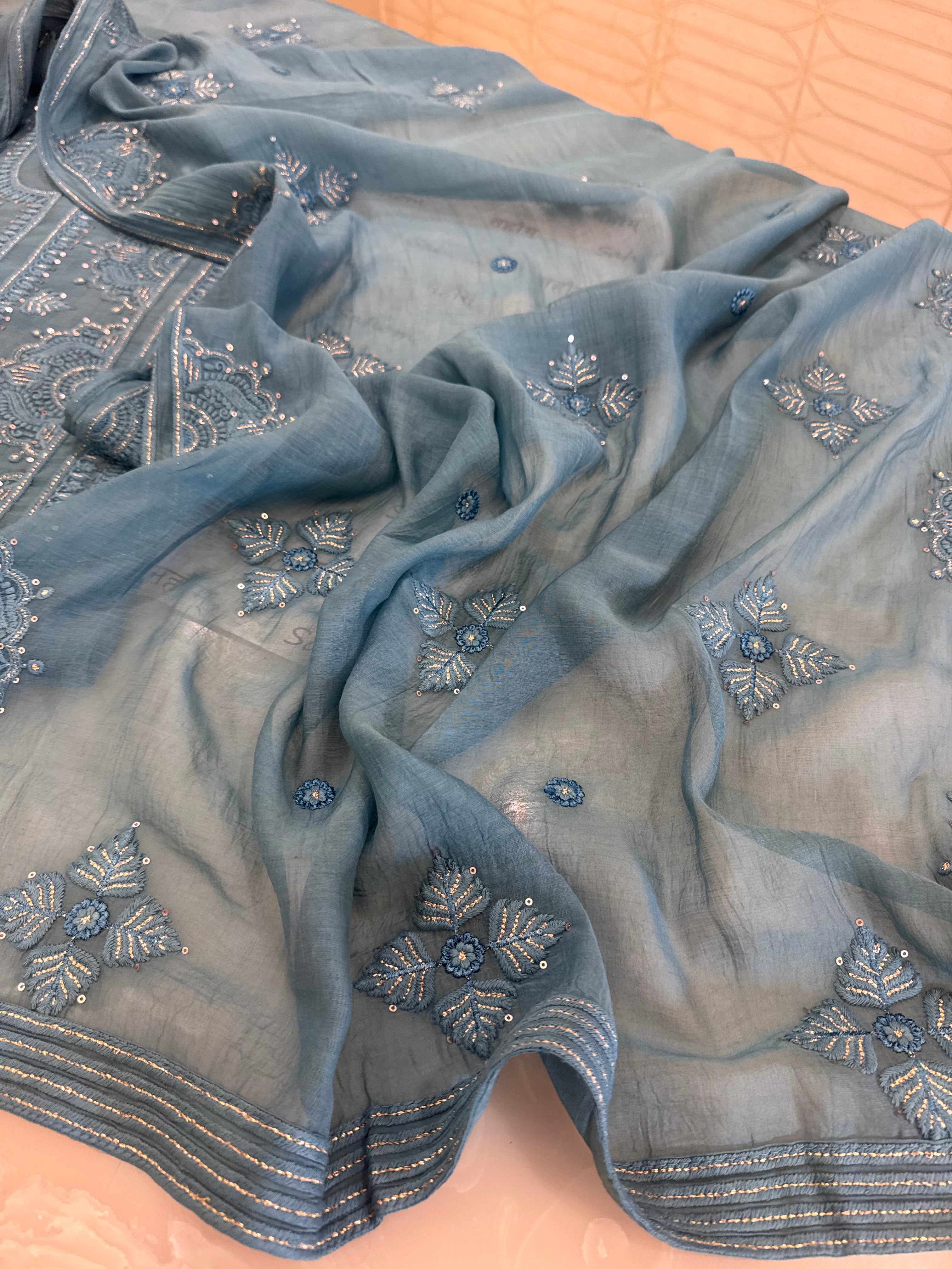 Pure Mul Chanderi Self Embroidered Kurta Dupatta Set