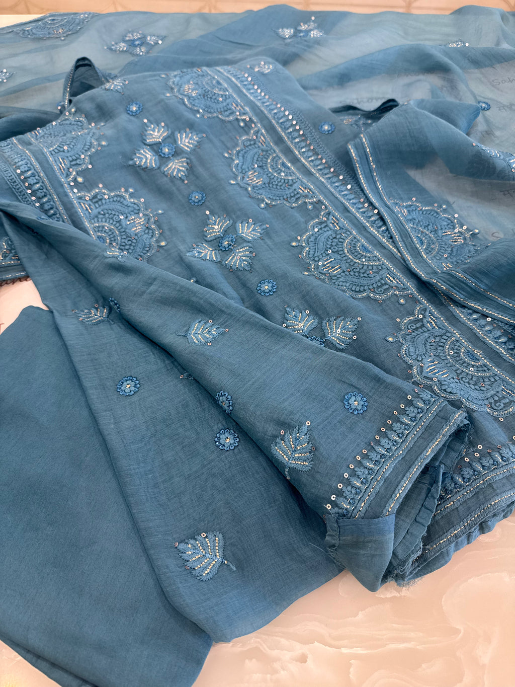 Pure Mul Chanderi Self Embroidered Kurta Dupatta Set