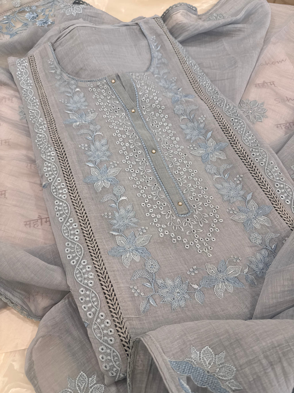 Pure Mul Chanderi Embroidered Kurta Set with Mul Chanderi Dupatta
