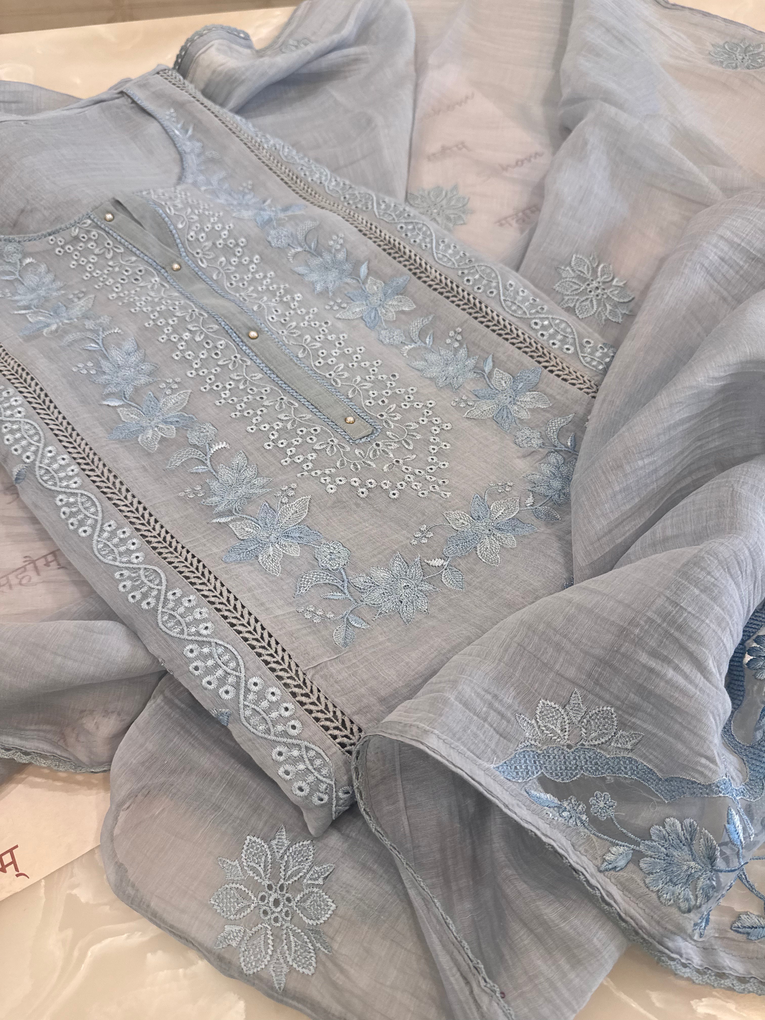 Pure Mul Chanderi Embroidered Kurta Set with Mul Chanderi Dupatta