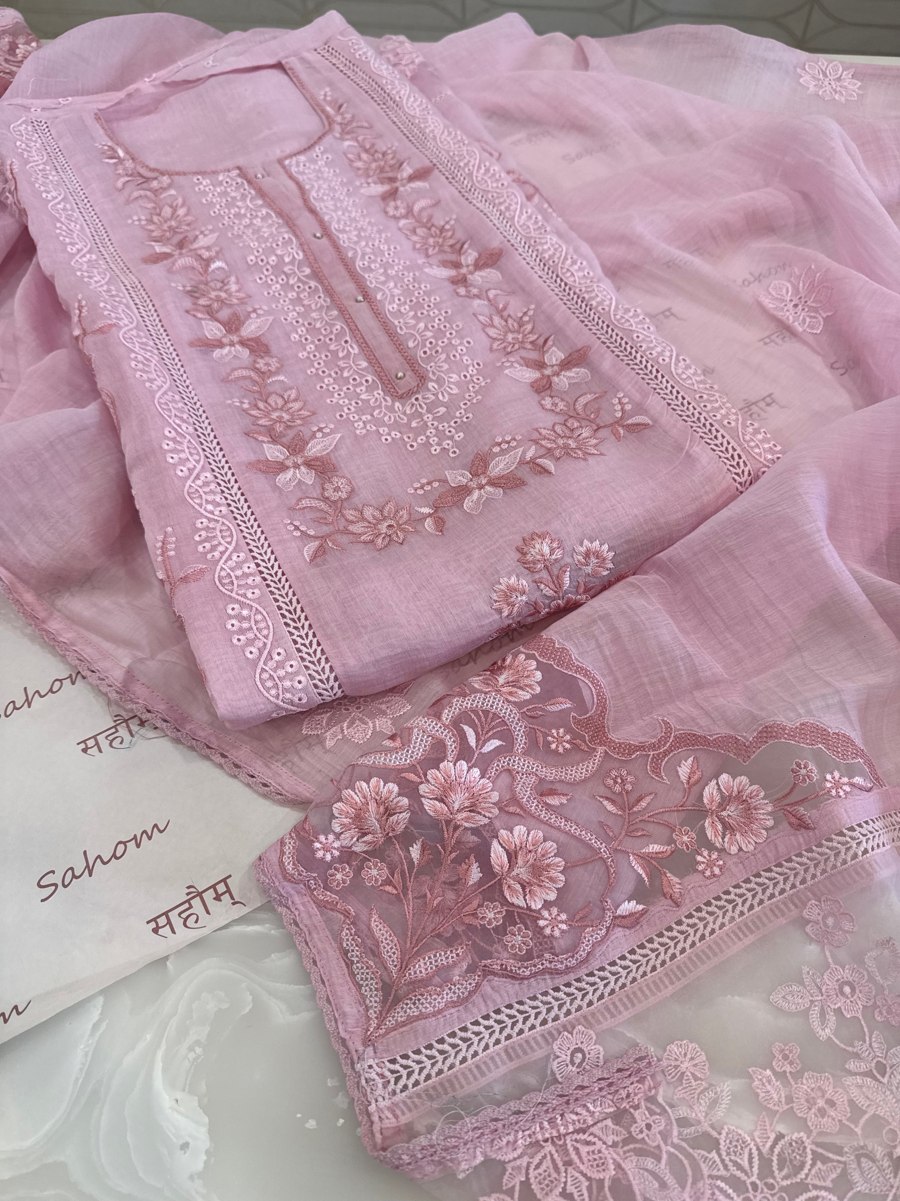 Pure Mul Chanderi Embroidered Kurta Set with Mul Chanderi Dupatta