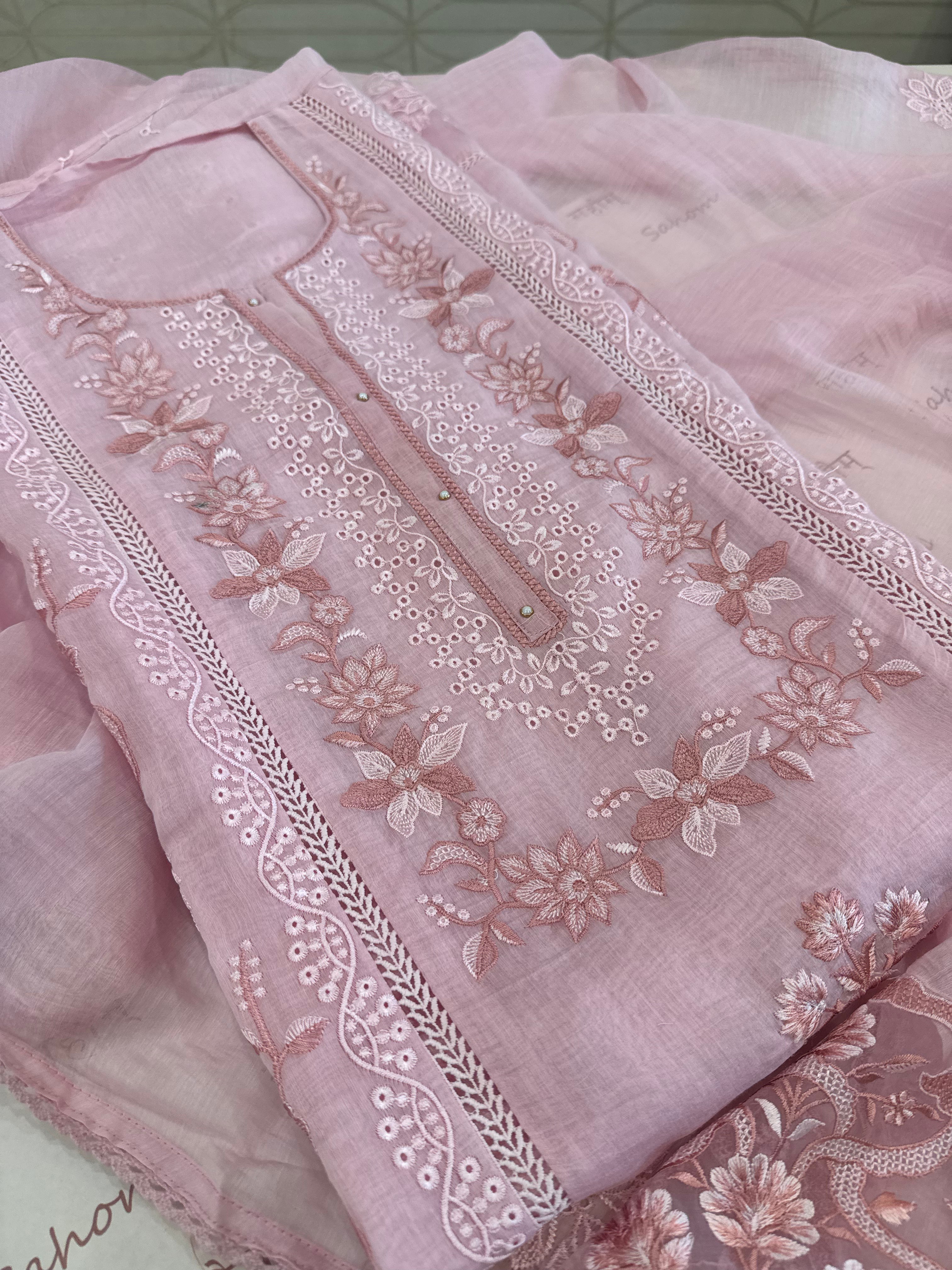 Pure Mul Chanderi Embroidered Kurta Set with Mul Chanderi Dupatta