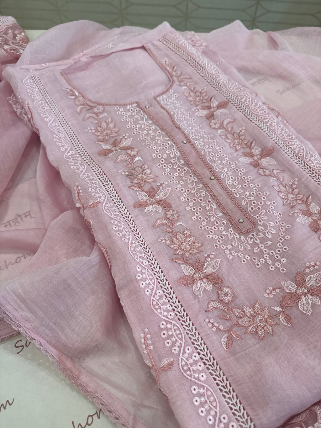 Pure Mul Chanderi Embroidered Kurta Set with Mul Chanderi Dupatta