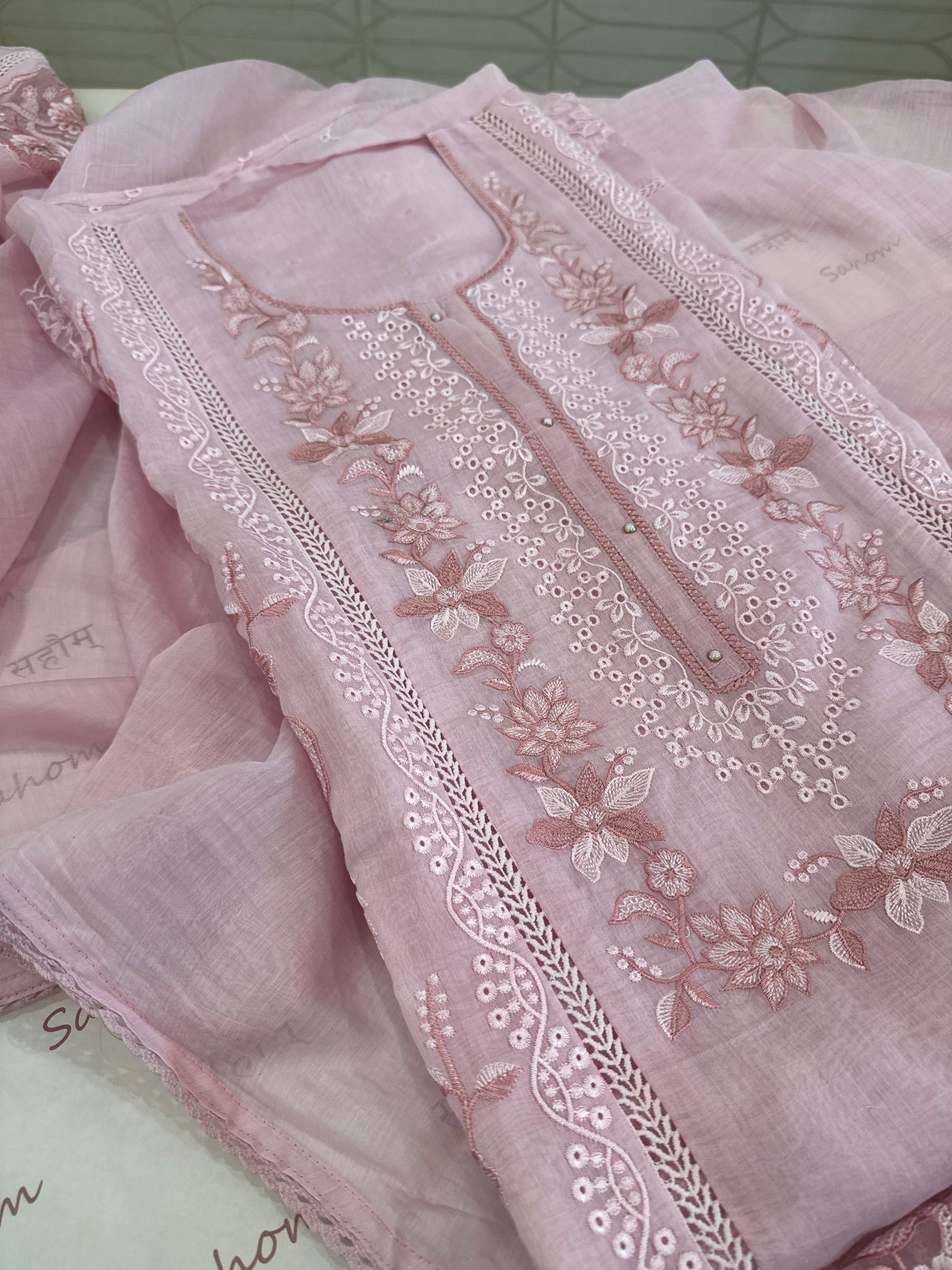 Pure Mul Chanderi Embroidered Kurta Set with Mul Chanderi Dupatta