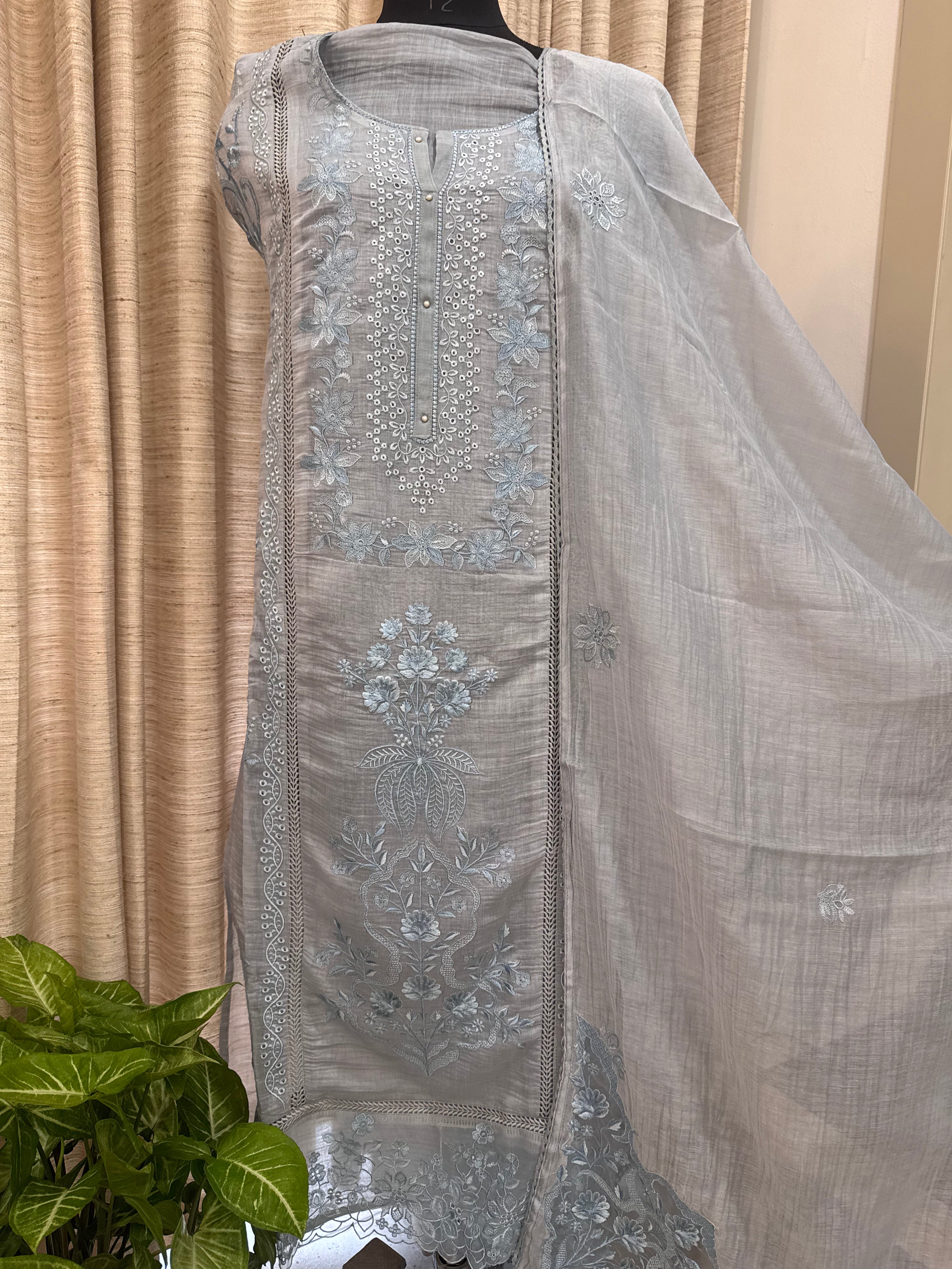 Pure Mul Chanderi Embroidered Kurta Set with Mul Chanderi Dupatta