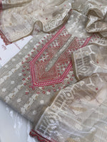 Pure Muslin Chanderi Jamdani Woven Kurta Set with Pitta & Marori Work