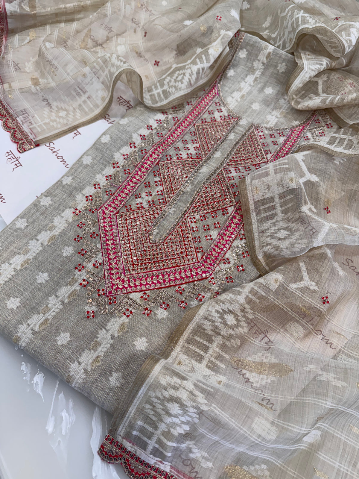 Pure Muslin Chanderi Jamdani Woven Kurta Set with Pitta & Marori Work to