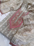 Pure Muslin Chanderi Jamdani Woven Kurta Set with Pitta & Marori Work