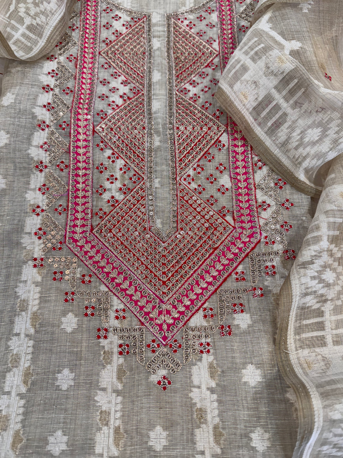 Pure Muslin Chanderi Jamdani Woven Kurta Set with Pitta & Marori Work to