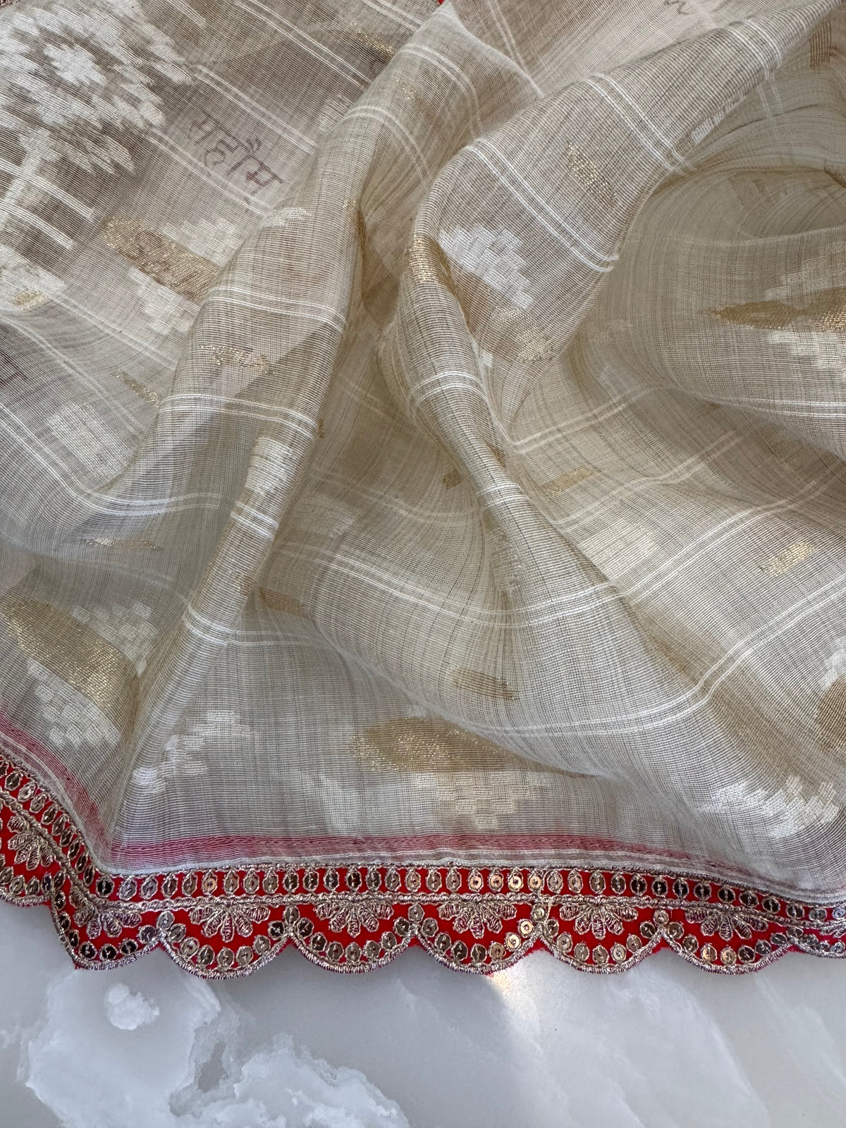 Pure Muslin Chanderi Jamdani Woven Kurta Set with Pitta & Marori Work to