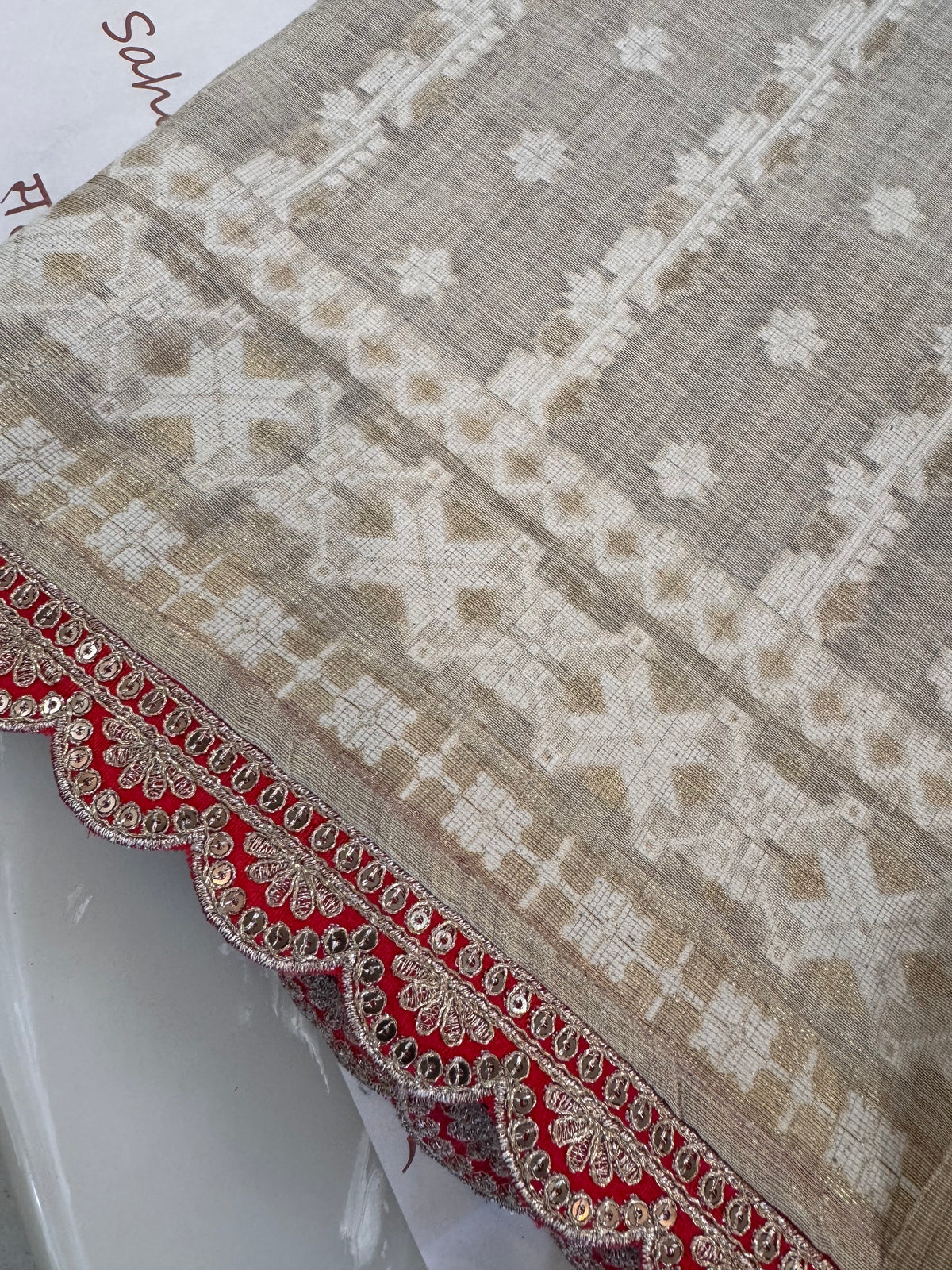 Pure Muslin Chanderi Jamdani Woven Kurta Set with Pitta & Marori Work to