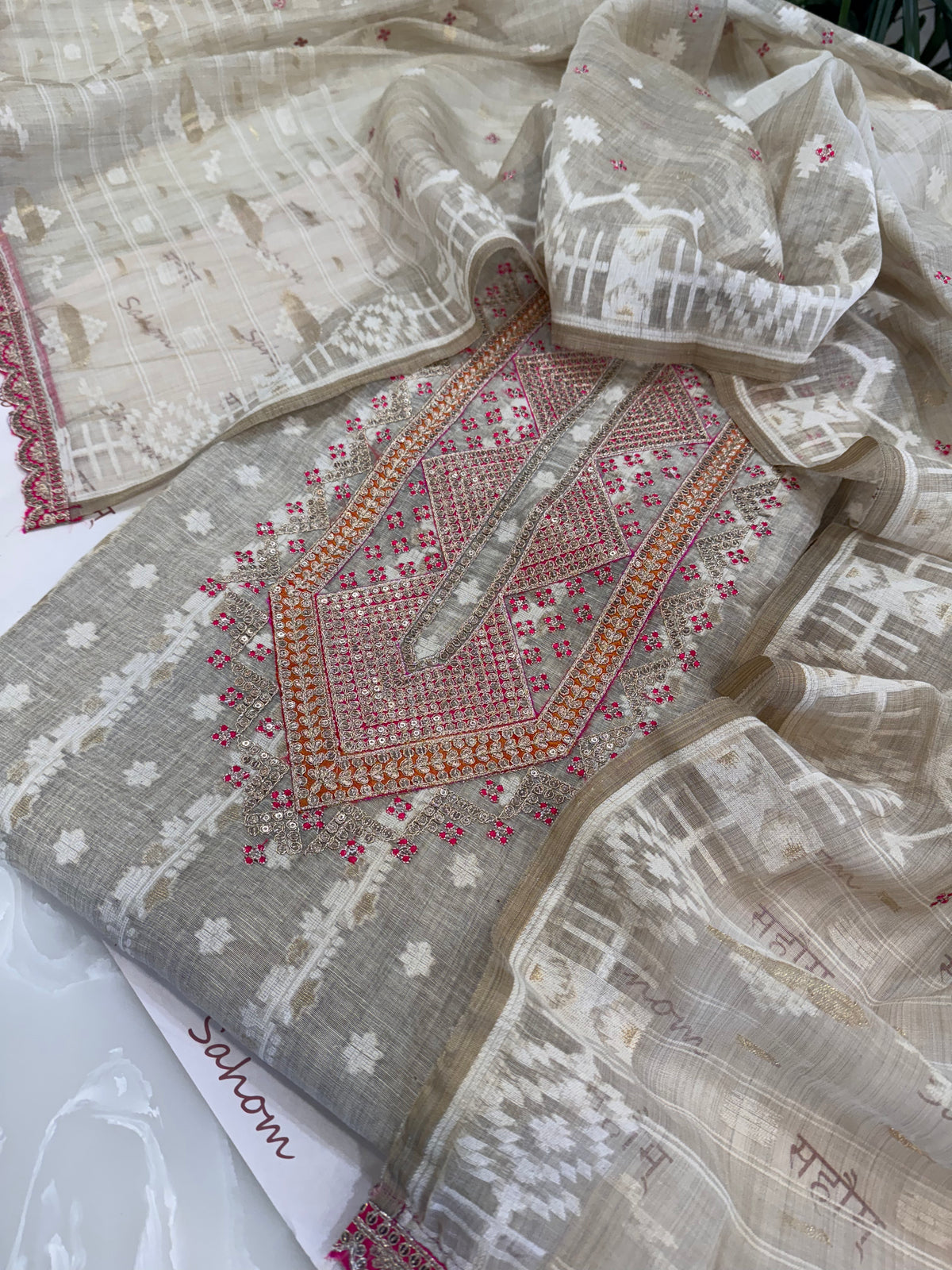 Pure Muslin Chanderi Jamdani Woven Kurta Set with Pitta & Marori Work to
