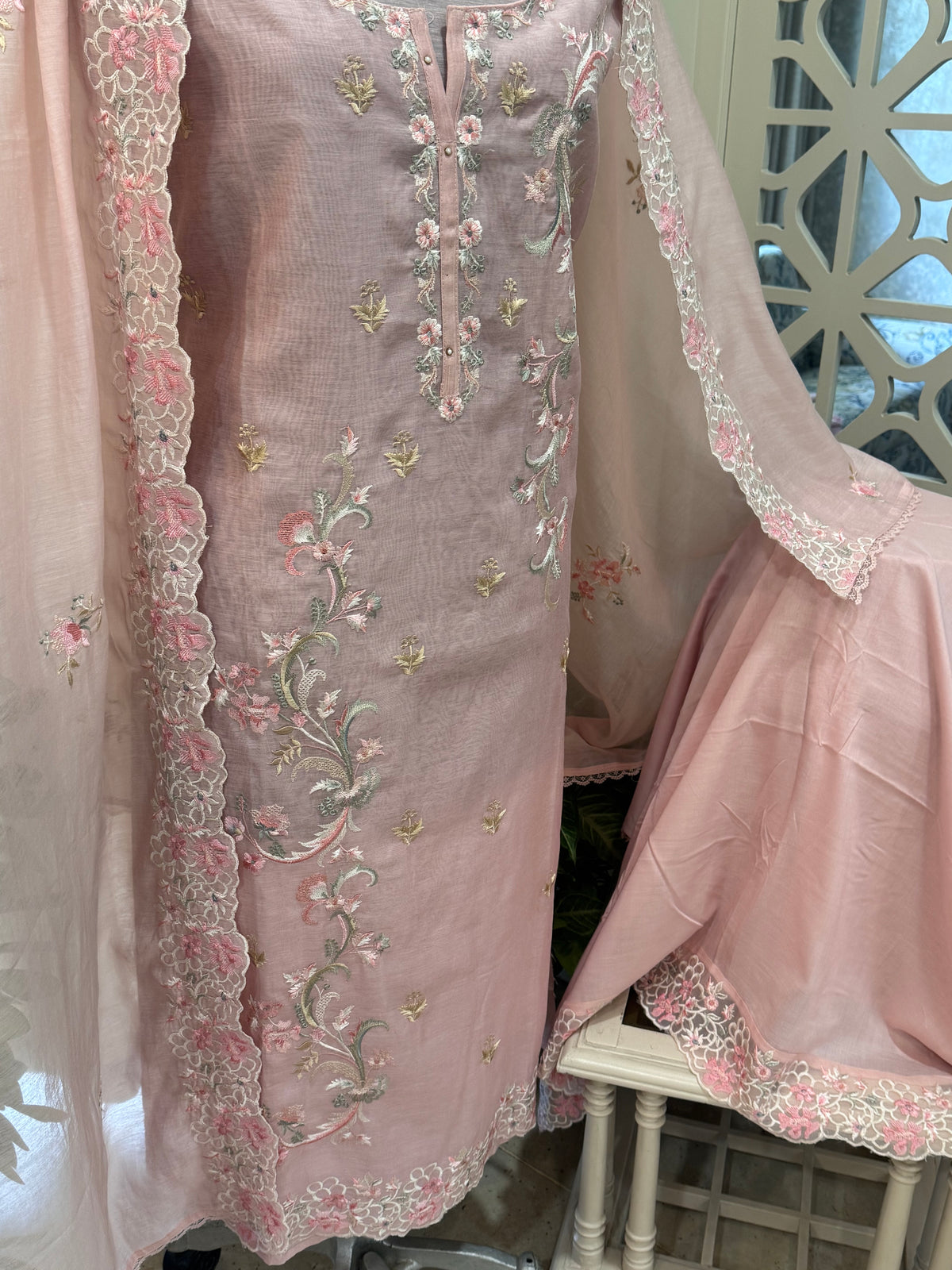 Pure Mul Chanderi Kurta Set with Embroidered Dupatta & Embroidered Lower