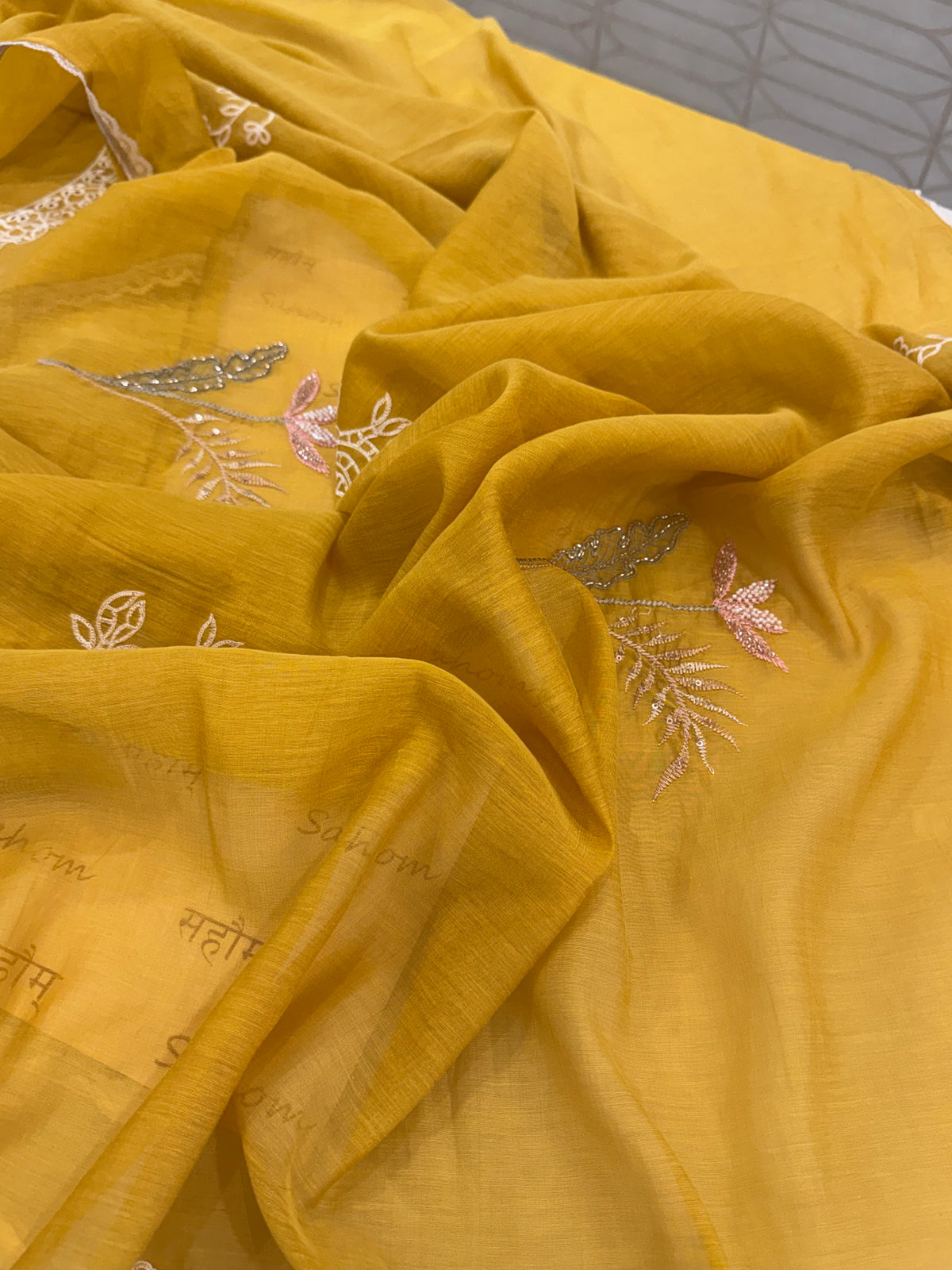 Pure Mul Chanderi Kurta Set with Thread & Hand Embroidery