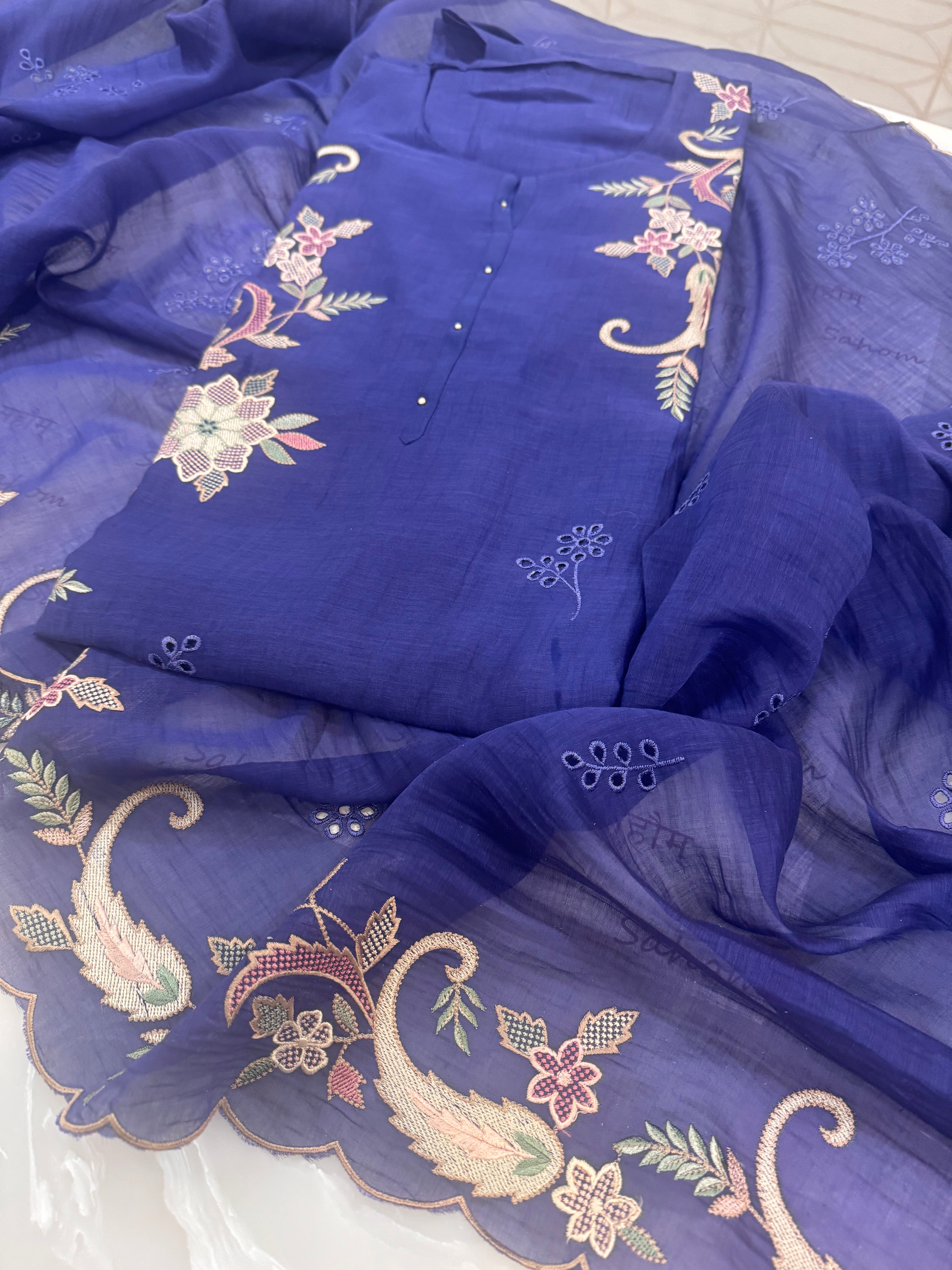 Pure Mul Chanderi Multicolour Embroidered Semi-Stitched Kurta Dupatta Set