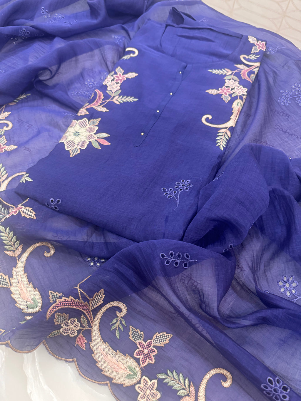 Pure Mul Chanderi Multicolour Embroidered Semi-Stitched Kurta Dupatta Set