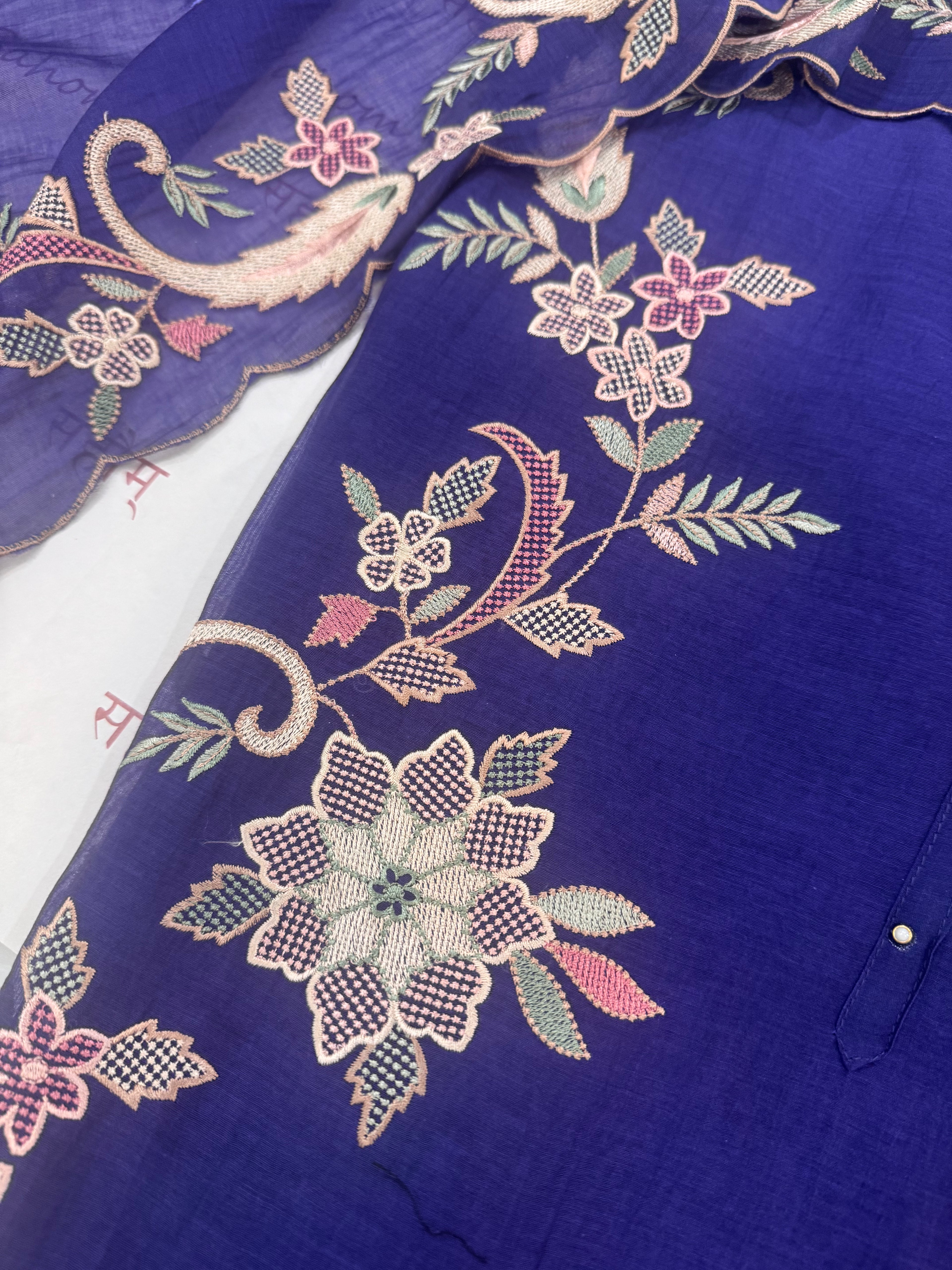 Pure Mul Chanderi Multicolour Embroidered Semi-Stitched Kurta Dupatta Set